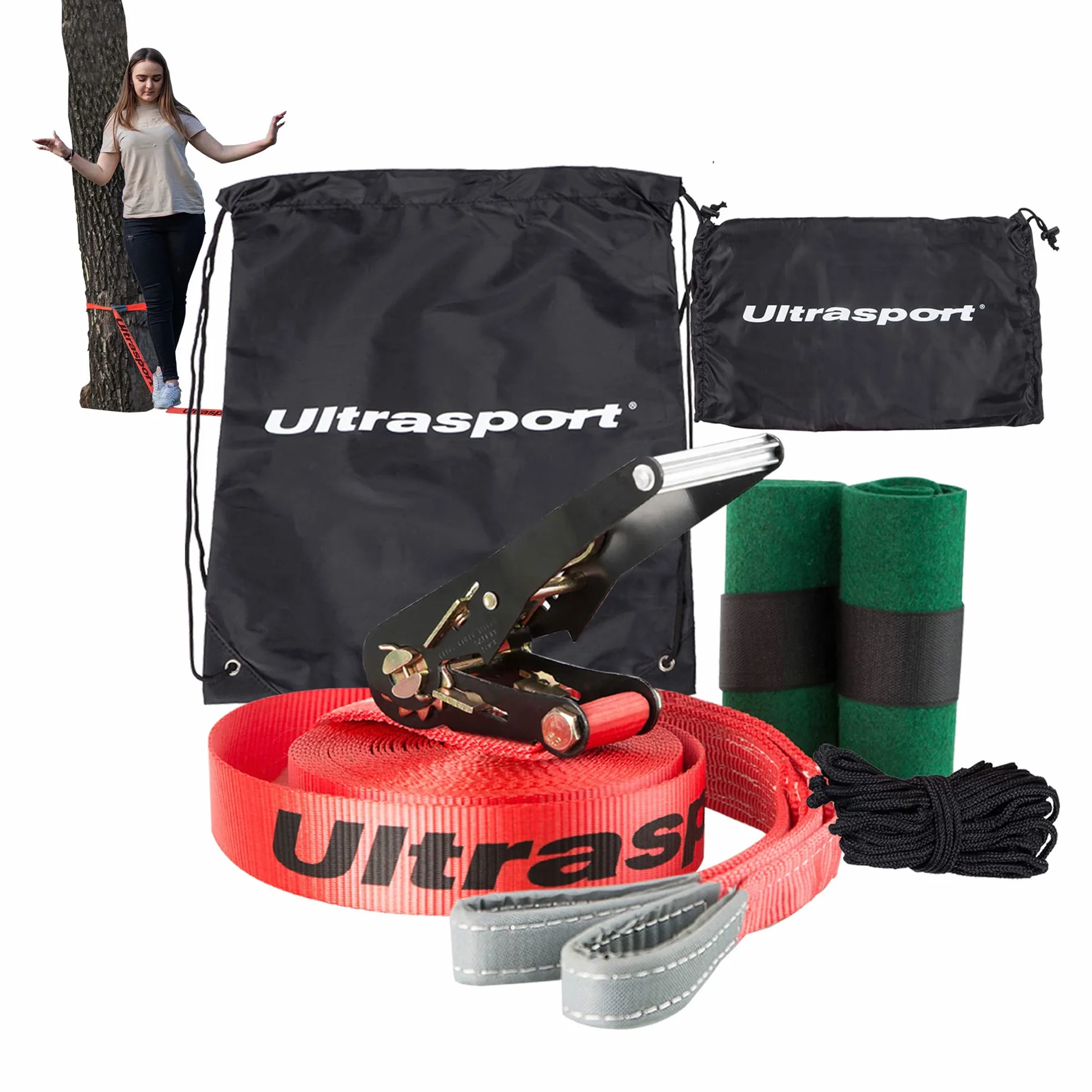 Ultrasport Slackline 15m-25m Set Completo con Cricchetto e Borsa Trasporto, Certificato TÜV GS