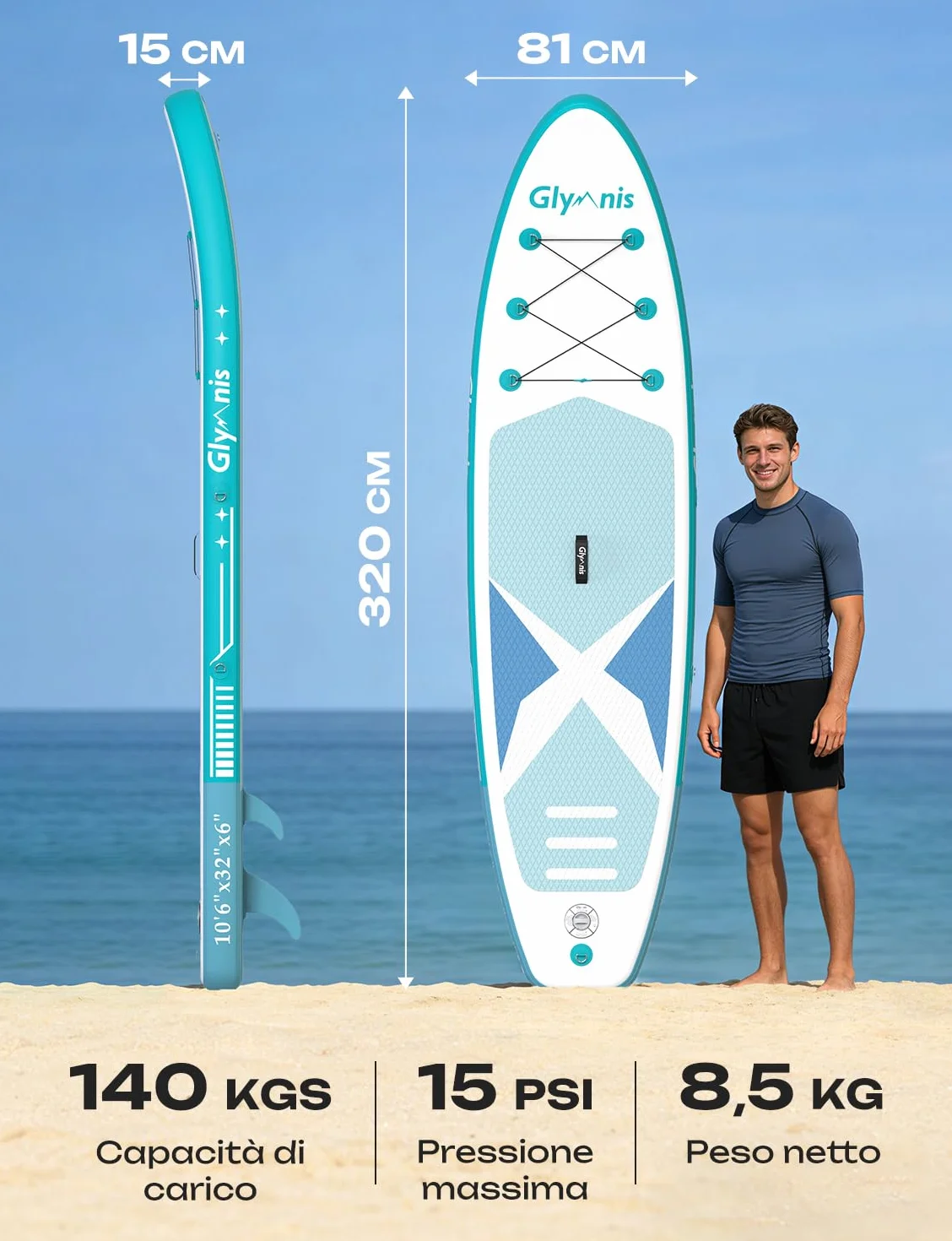 Glymnis SUP Tavola Gonfiabile 320×81×15cm 140kg Stand Up Paddle con Pompa Pagaia Borsa