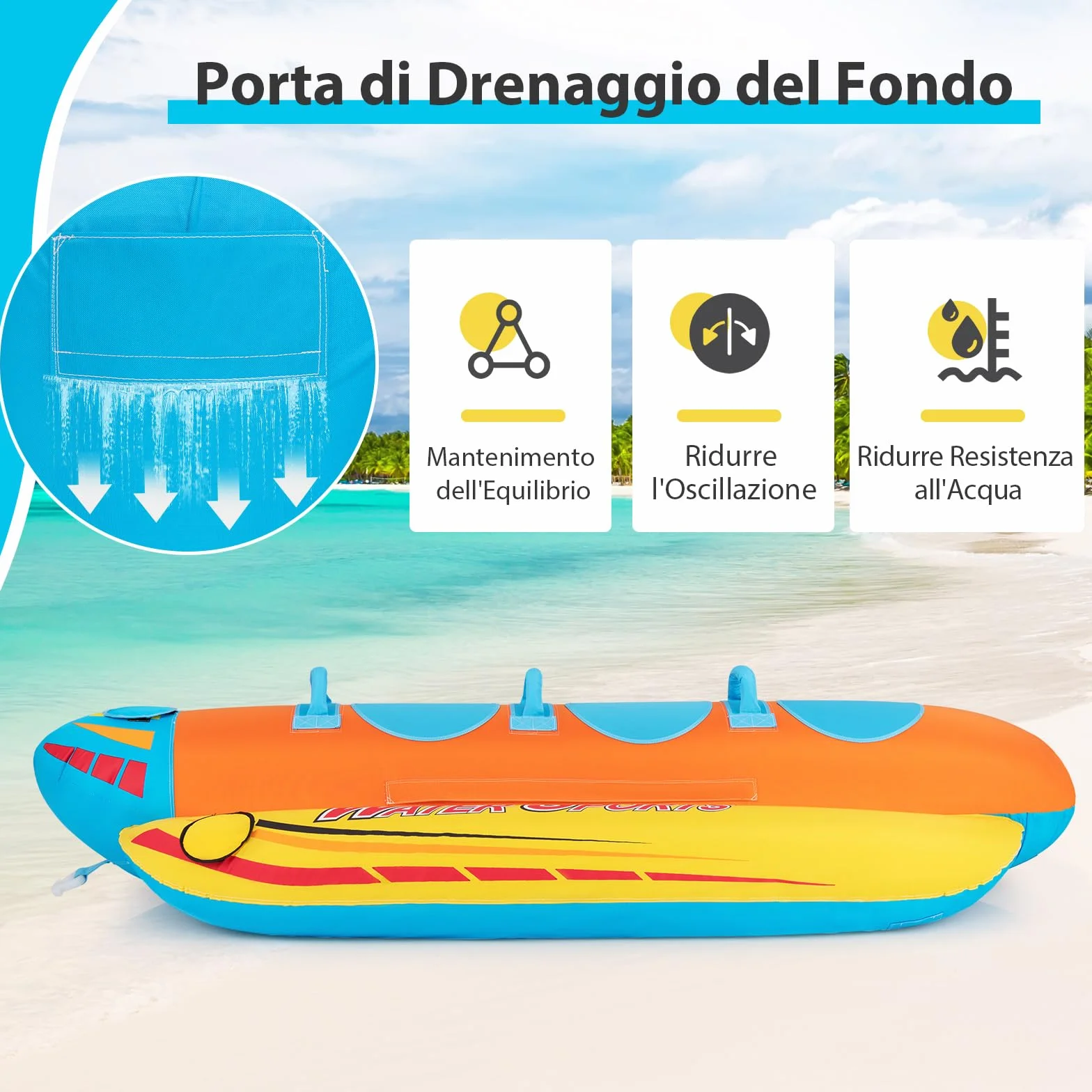 COSTWAY Gommone a Banana Gonfiabile 3 Persone Tubo Trainabile Sport Acquatici Carico Massimo 231 kg