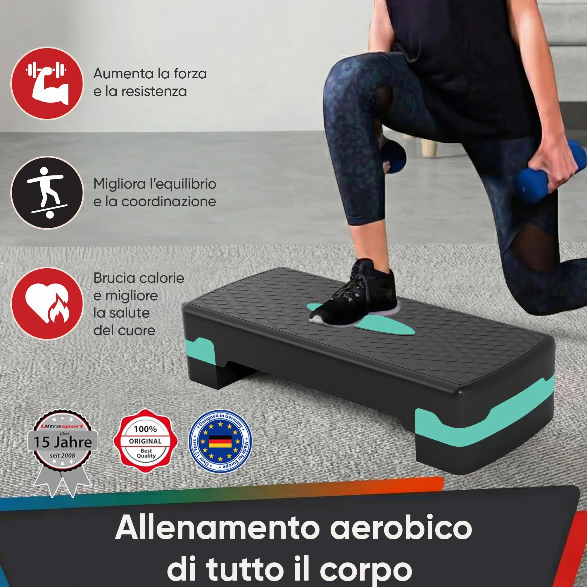 Ultrasport Step Fitness Aerobica Stepper Casa Antiscivolo Regolabile 2 Altezze Stepboard 68x28 cm Verde
