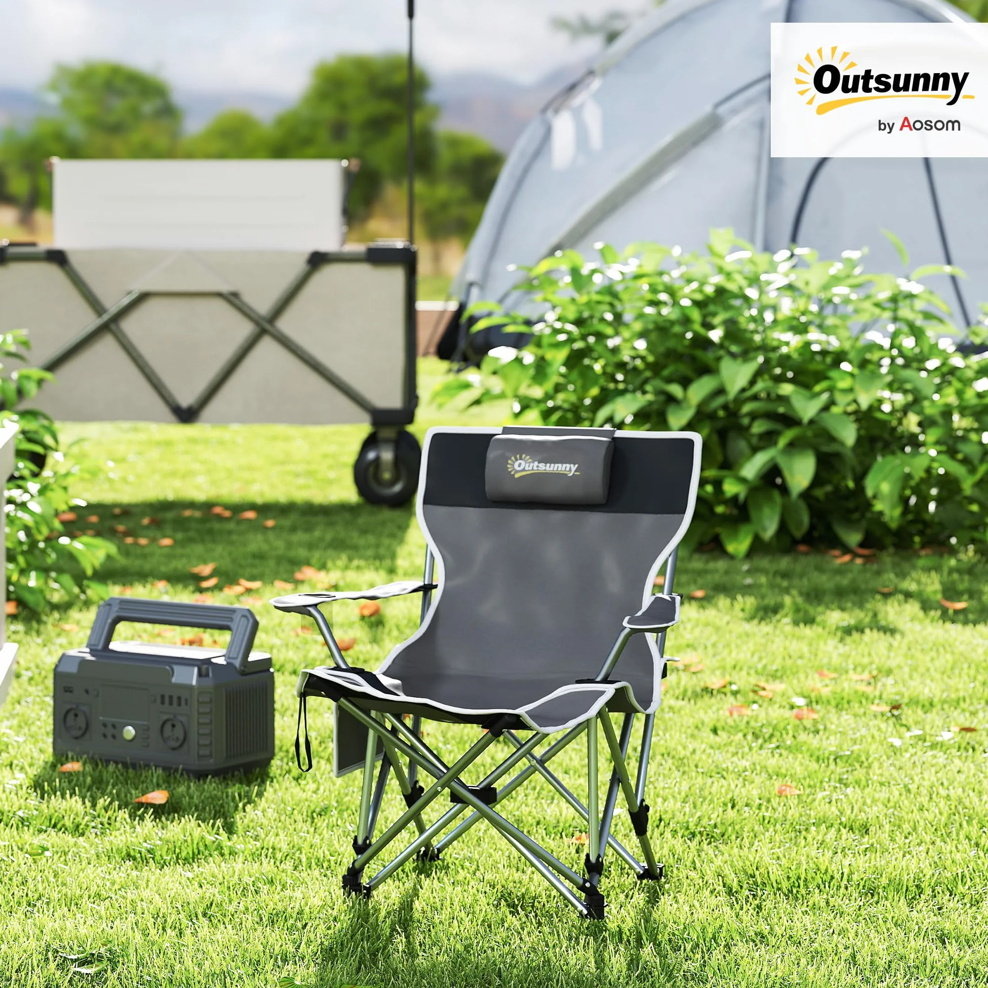 Outsunny Sedia da Campeggio Pieghevole con Poggiapiedi Staccabile, Portabicchieri e Tasca Laterale, Sedia da Giardino in Tessuto Oxford e Metallo, Portata Fino a 120 kg, 82x100x88 cm, Grigio