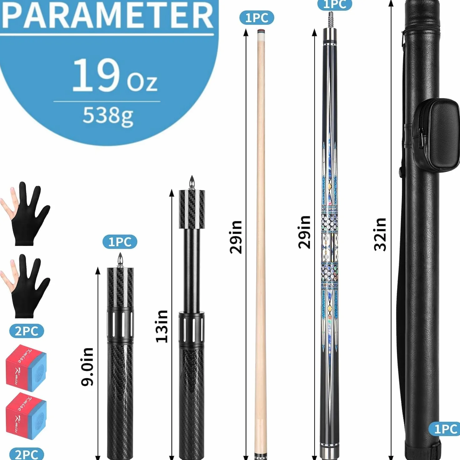 Kmise Bastone da biliardo in acero canadese con asta a bassa deflessione e prolunga telescopica in fibra di carbonio, set con custodia in pelle