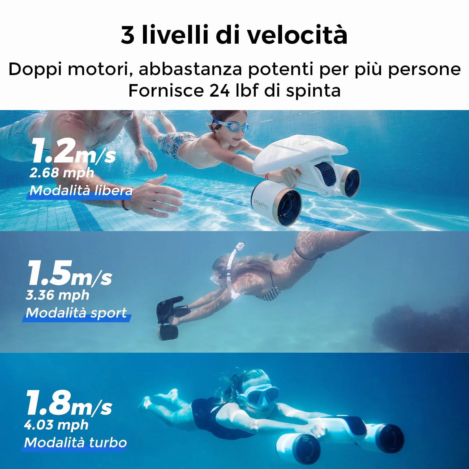 Monopattino subacqueo a doppio motore Mix PRO, 3 velocità, 60 min, profondità 40 m, con supporto fotocamera e allarme batteria