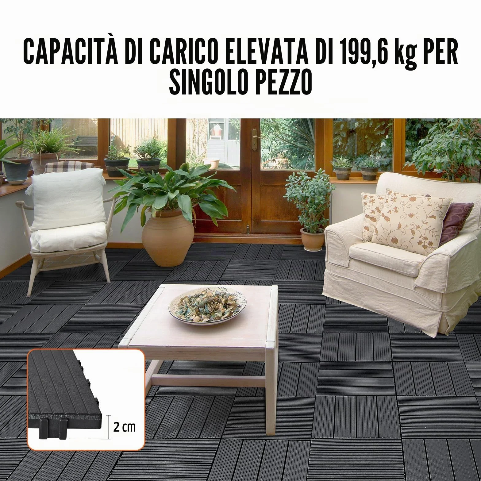 VEVOR Piastrelle per Patio ad Incastro 36 Pezzi 300 x 300 x 20 mm, Piastrelle Impermeabile in Plastica, Piastrelle per Tutte Le Condizioni Atmosferiche, per Portico Piscina Cortile, Grigio Scuro