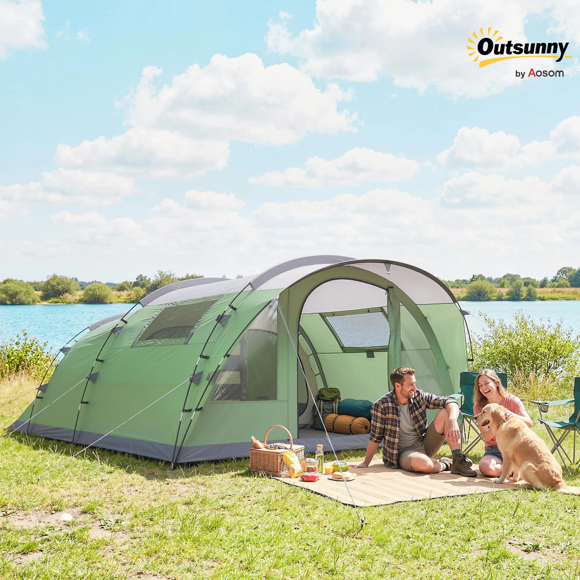 Outsunny Tenda Campeggio a Tunnel 5 Persone 196cm 2 Stanze Impermeabile 3000mm Verde Chiaro