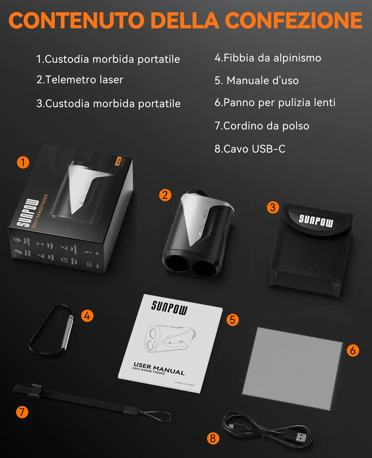 SUNPOW Telemetro Laser 7X Alta Precisione per Golf e Caccia, 1200 Iarde / 1000 Metri, con Pendenza, 5 Modalità, Blocco Asta Bandiera, Vibrazione e Batteria Ricaricabile