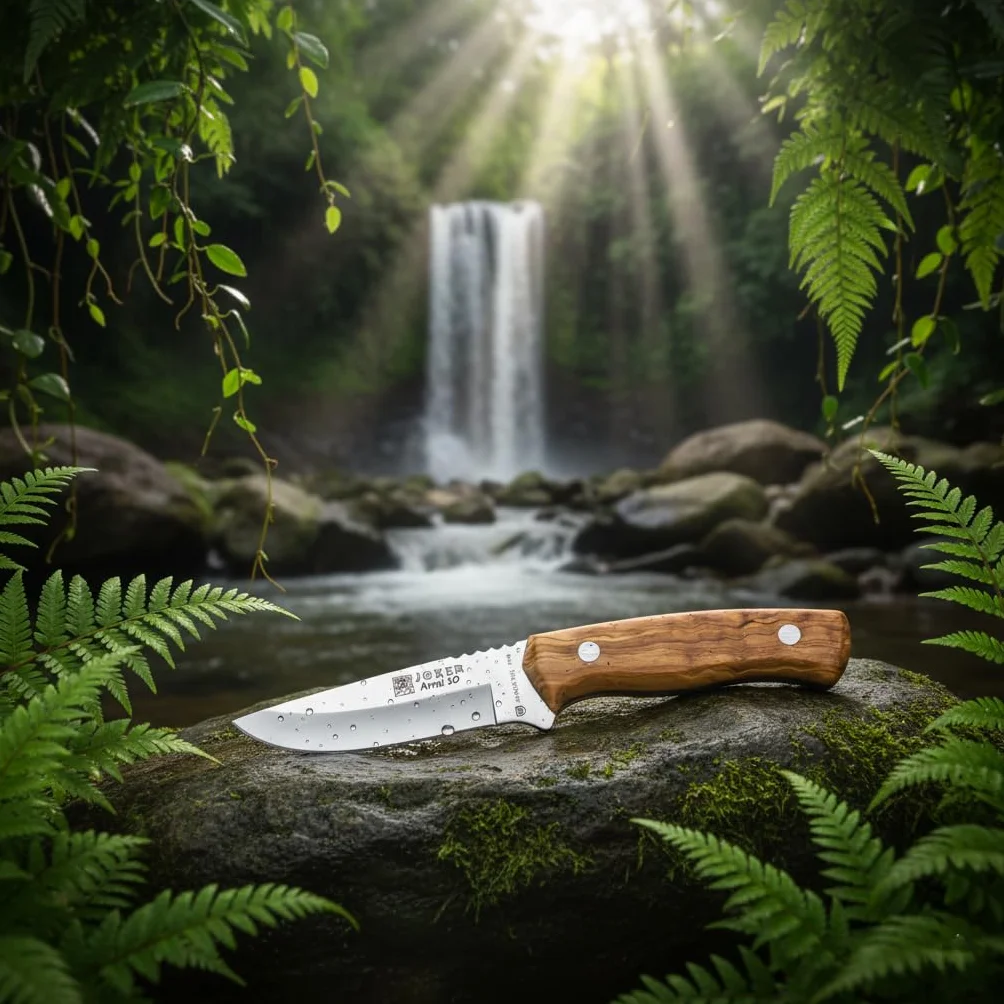 joker Coltello Bushcraft Arrui, incorpora custodia in pelle, con lama 10 cm Inox 420, cache in legno d'ulivo, 130 grammi, CO60 per la pesca, la caccia, l'escursionismo, il campeggio