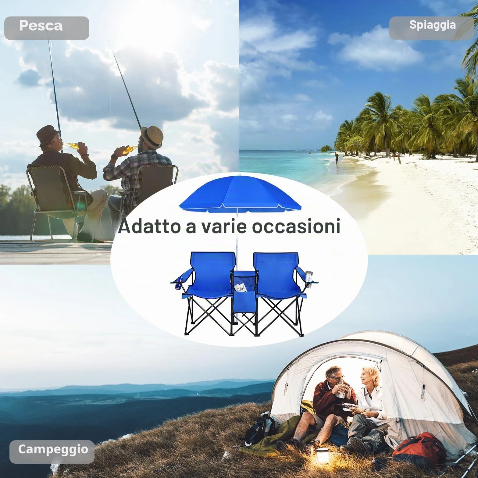 KOMFOTTEU Sedia Pieghevole da Campeggio Doppia, 2 Sedie da Esterno con Tettuccio Parasole Regolabile, Borsa Frigo e Portabevande (Blu)