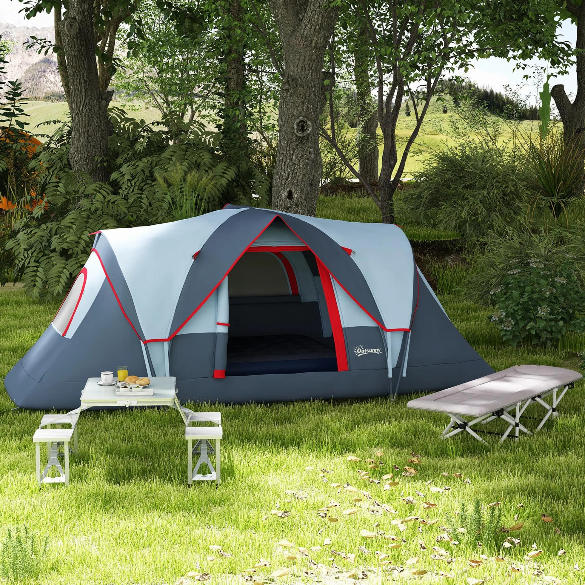 Outsunny Tenda da Campeggio 4-6 Posti Idrorepellente 3000mm Protezione UV, Tenda Famigliare Finestre Pali Fibra di Vetro 4.55x2.3x1.8 m