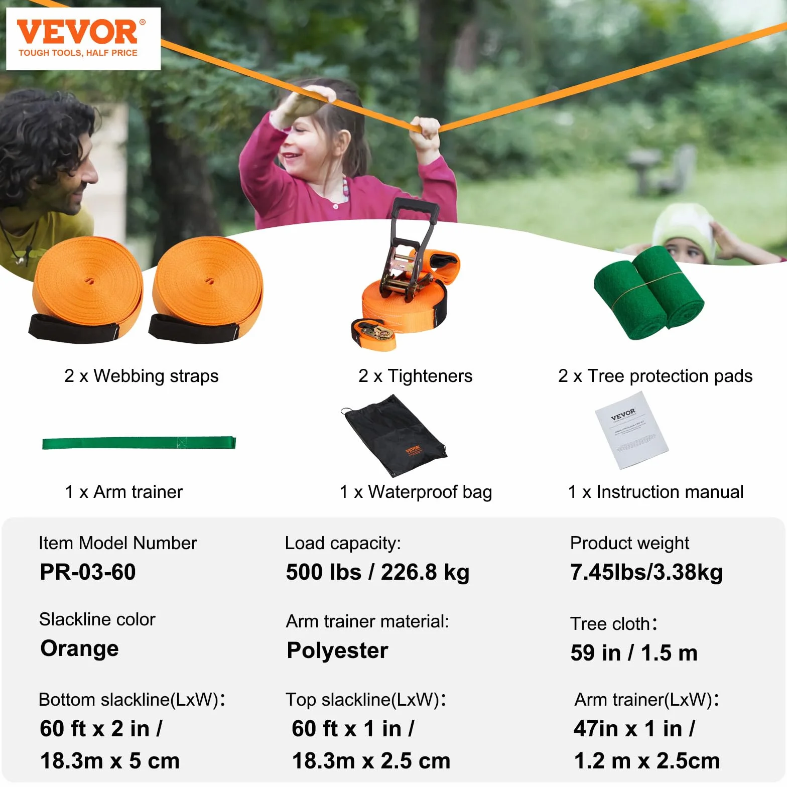 VEVOR Kit Slackline con Linea di Allenamento 18,3m x 5cm, Attrezzatura da Giardino, Set con Protezioni per Alberi