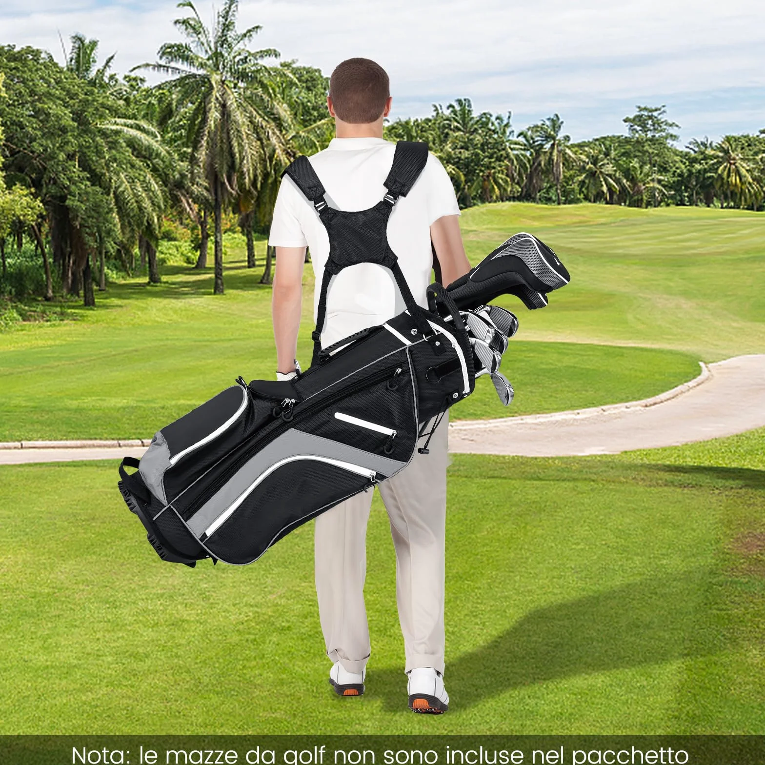 COSTWAY Borsa da Golf con Supporto, Divisori a 14 Vie, 6 Tasche, Borsa Frigo, Doppia Tracolla e Cappuccio Antipioggia