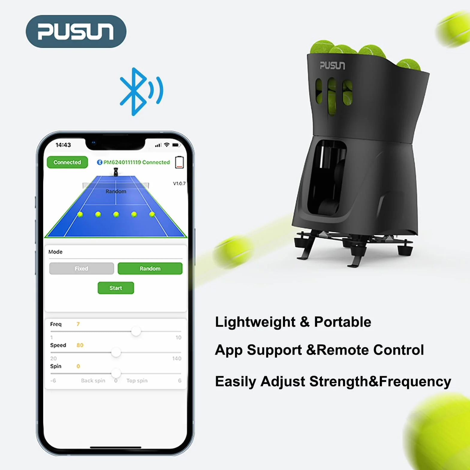 PUSUN PT-Mini Pro Macchina portatile per palline da tennis, 65 palline, supporta app e telecomando