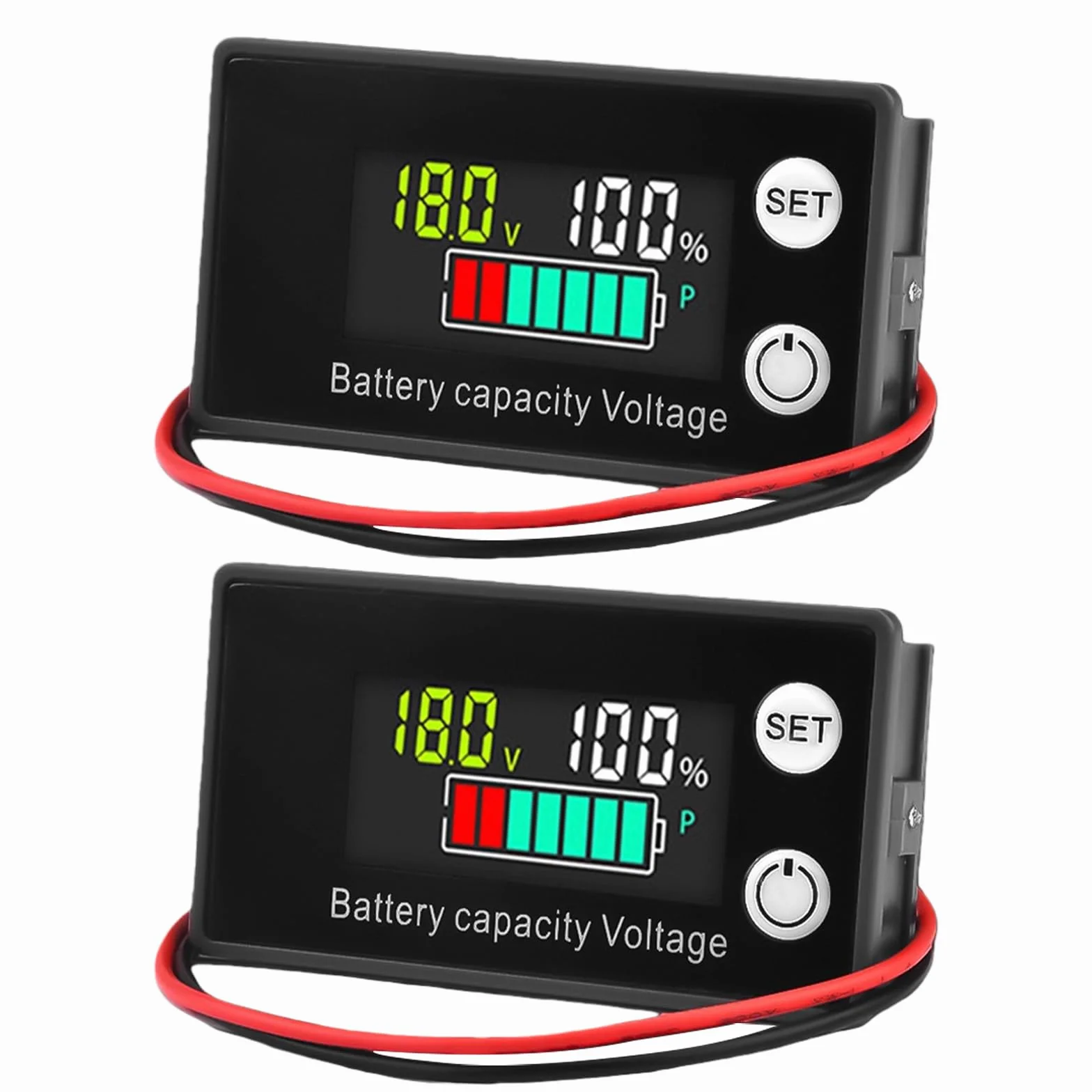 2 monitor di capacità della batteria, 12 V, 24 V, 36 V, 48 V, 60 V, 72 V, 84 V, multicolor LCD, DC8-100 V, allarme di temperatura con indicatore di alta precisione, per auto, camper, barca