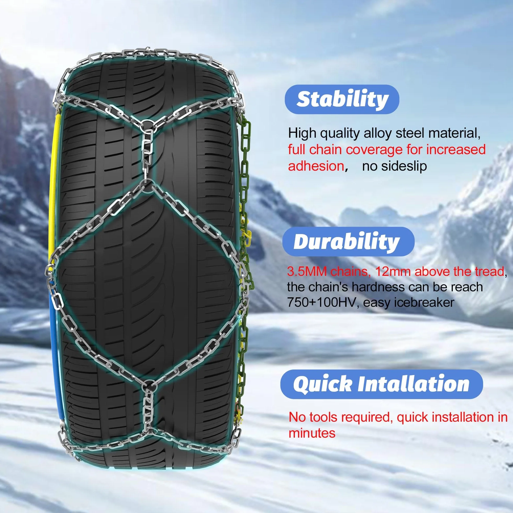 Catene da Neve Automatiche HKN 140, 2 Pezzi 12 mm, Installazione Rapida, Universale per Auto Pick-up SUV
