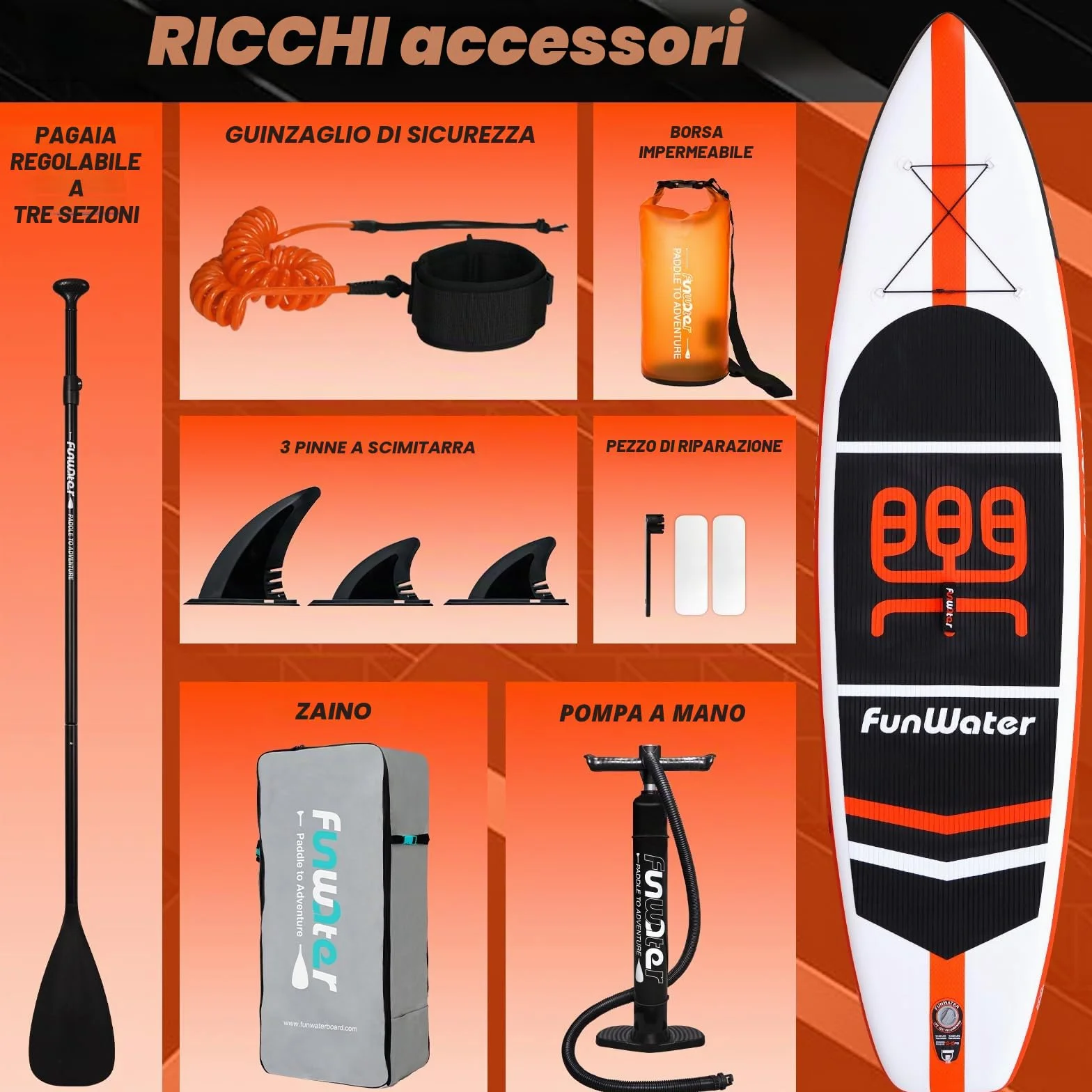 FunWater SUP Gonfiabile Portatile: Tavola Gonfiabile, Pinne, Pompa, Pagaia, Zaino, Guinzaglio di Sicurezza per Adulti e Ragazzi