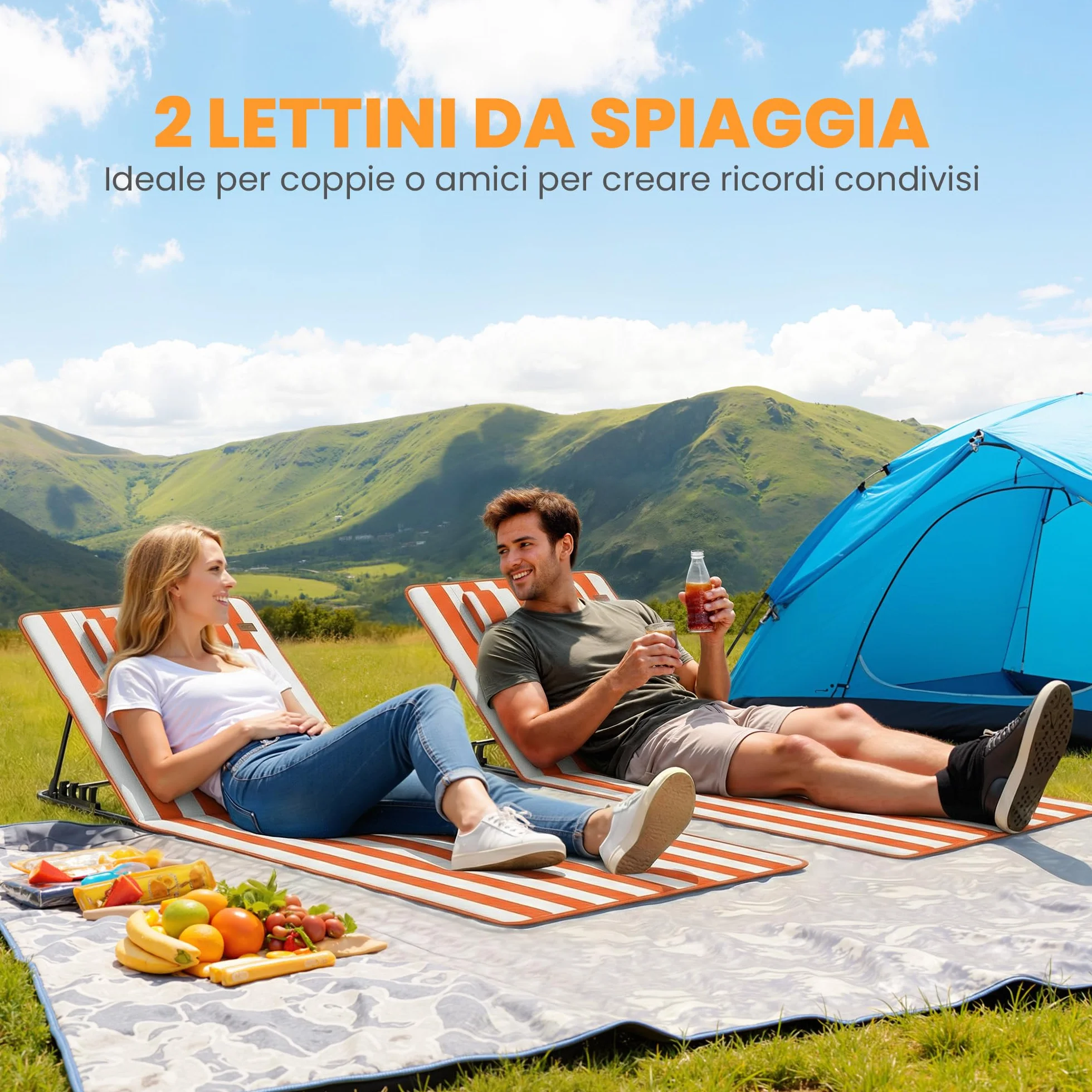 Outsunny Lettini da Spiaggia Pieghevoli Set 2, Schienale Regolabile 4 Livelli, Poggiatesta, Tasca Laterale, Arancione Bianco