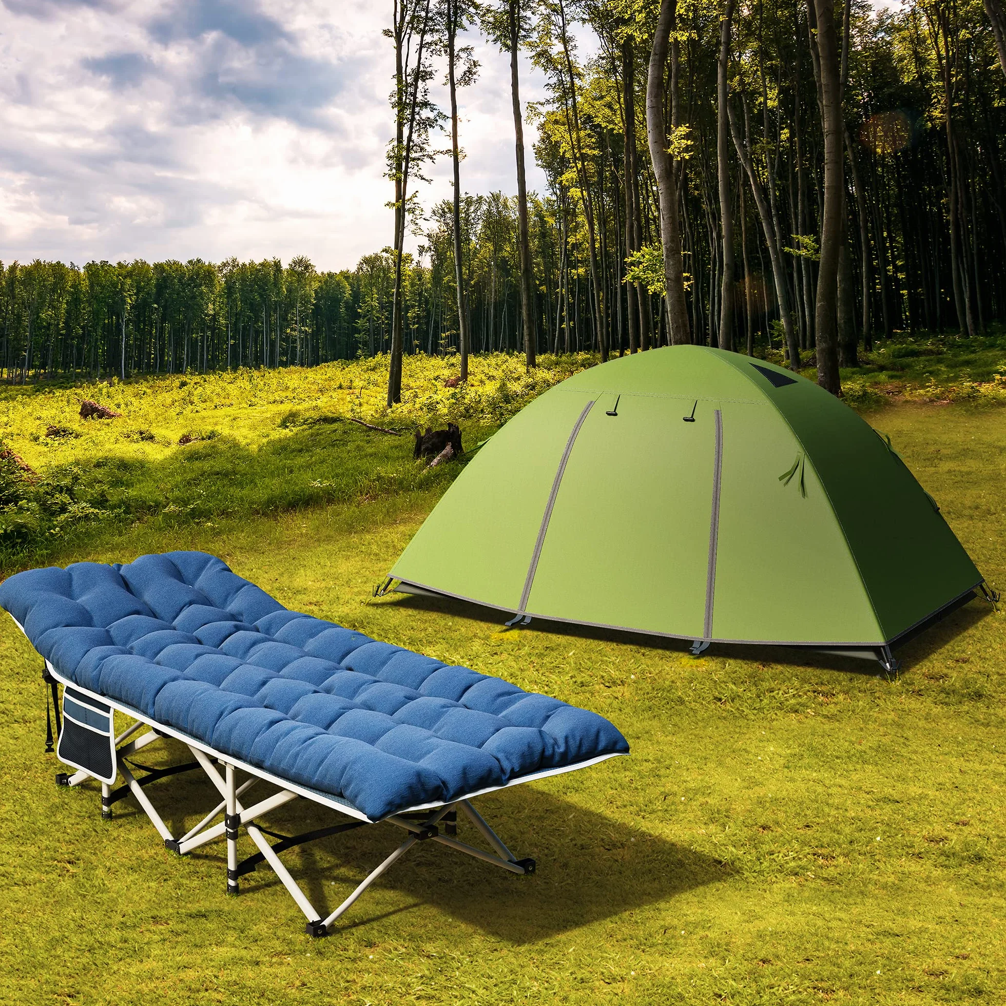 YITAHOME Letti da Campeggio Pieghevoli per Adulti, Lettino con Materasso Extra Spesso, Tubi Più Spessi, Blu