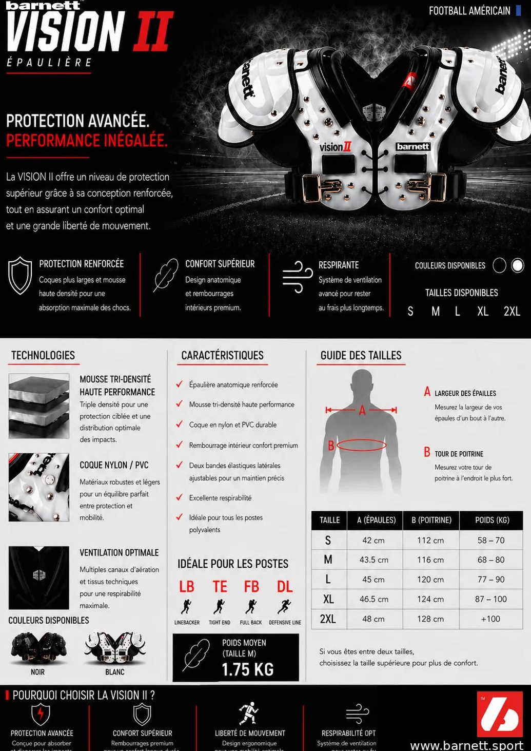 BARNETT Vision II RB-DB-TE-FB-HB Spallaccio da calcio