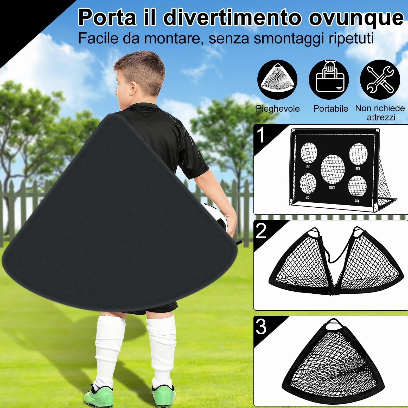 Porta da Calcio per Bambini 2 in 1, Portatile Pop Up con 5 Fori, Rete da Calcio per Interni ed Esterni