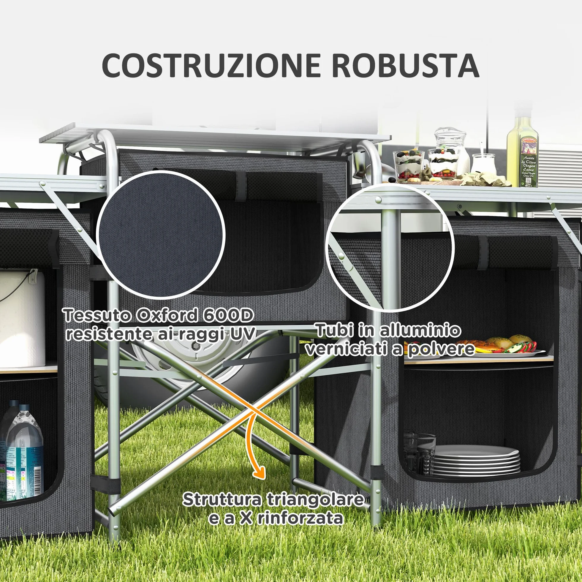 Outsunny Kuchnia Kempingowa Składana Aluminiowa UV50+ 172x48x130 cm Czarna