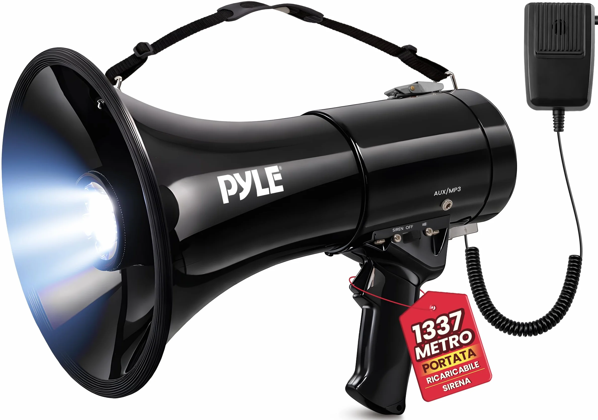 Pyle Megafono 50 Watt Portatile con Microfono, Sirena Allarme e Volume Regolabile
