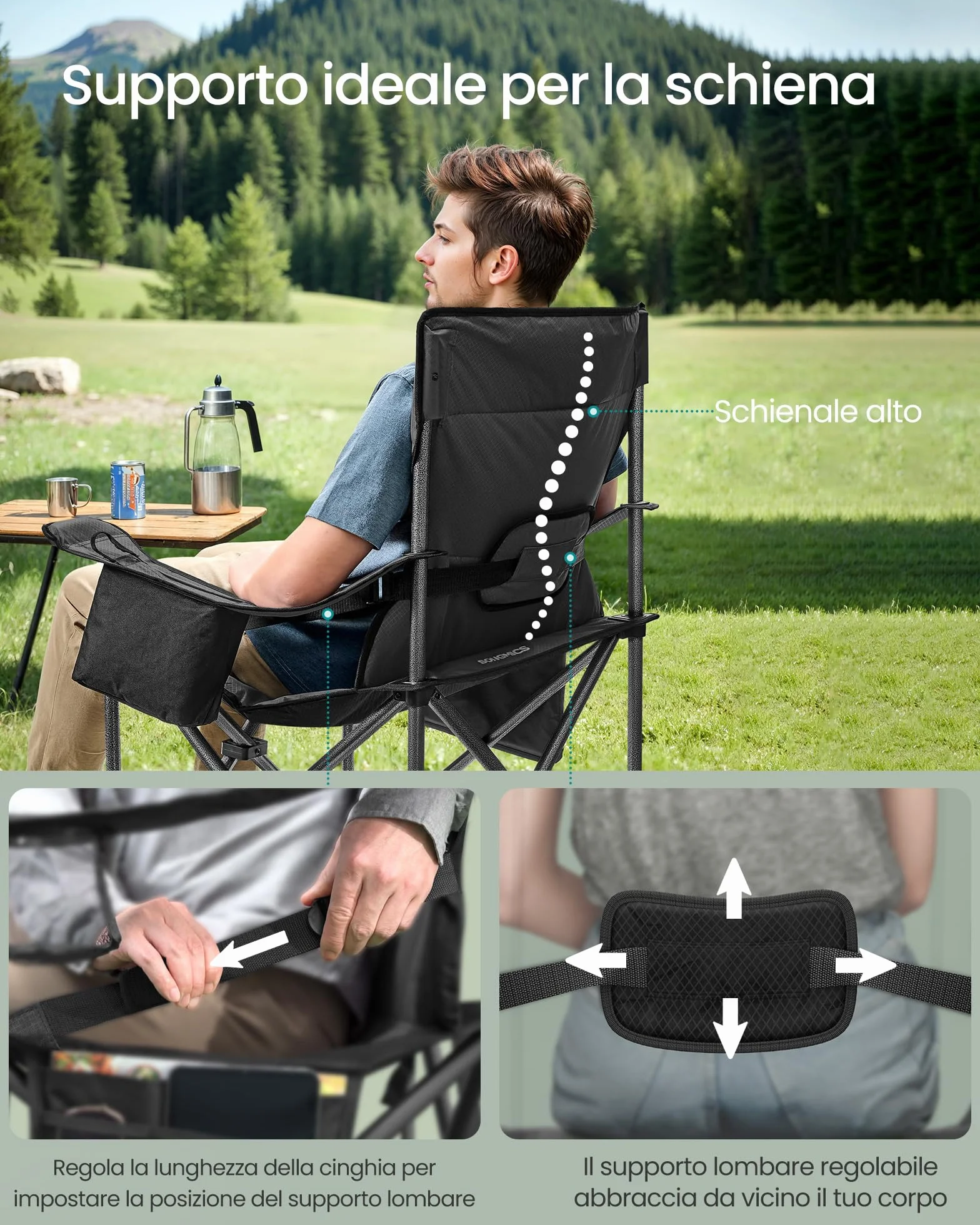 SONGMICS Sedia da Campeggio Imbottita Extra-Large Pieghevole con Supporto Lombare Portante 205 kg Nero Inchiostro