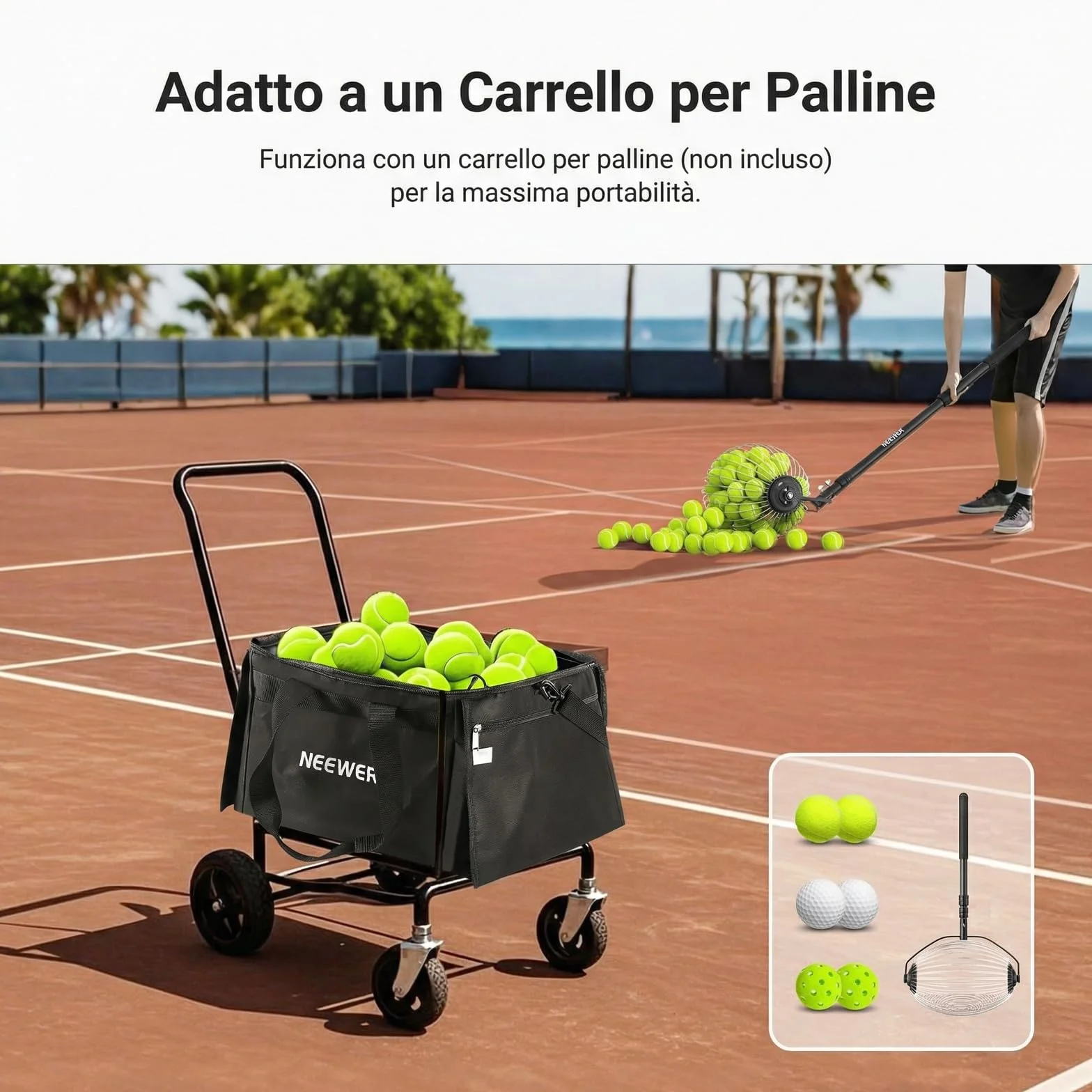 NEEWER TB03B Borsa Porta Palline Tennis Pieghevole in Poliestere con Tasche Laterali, Max 120 Palline