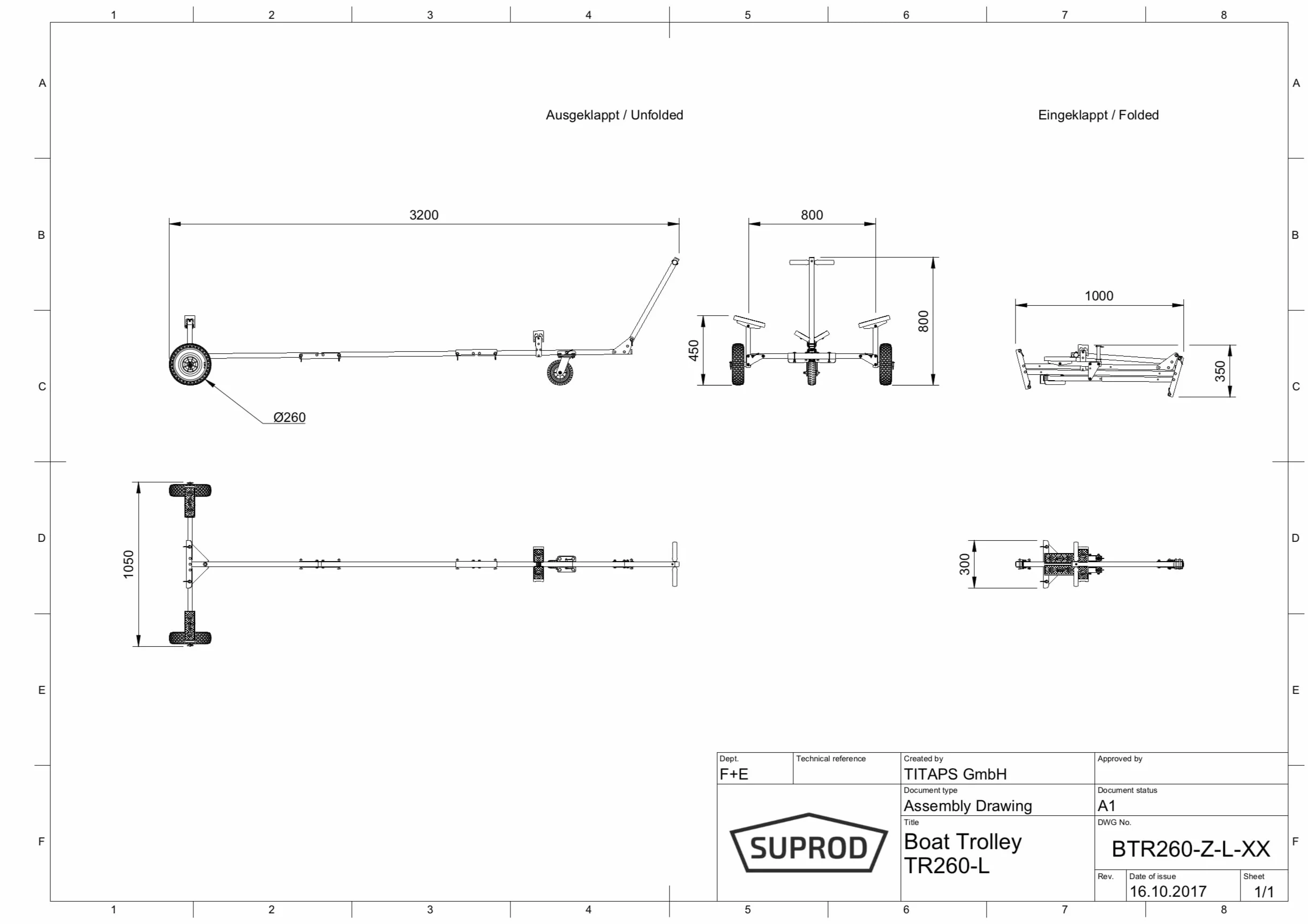 SUPROD Carrello Pieghevole per Lancio Barche Rimorchio a Mano TR260 PU Ø 260 mm