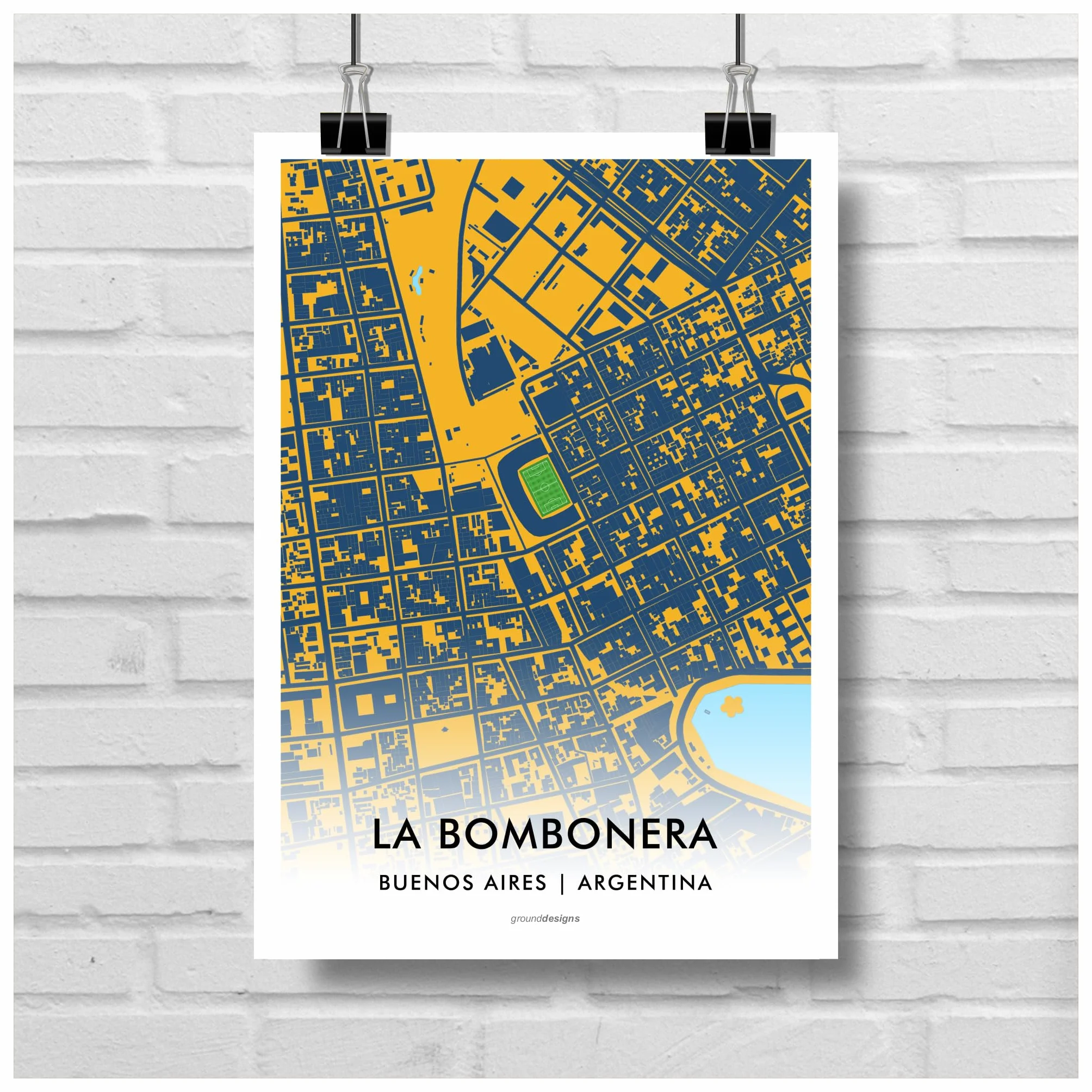 GroundDesigns BOCA JUNIORS Regalo Calcio LA BOMBONERA Stadio Stampa Artistica A3 Mappa Buenos Aires Argentina