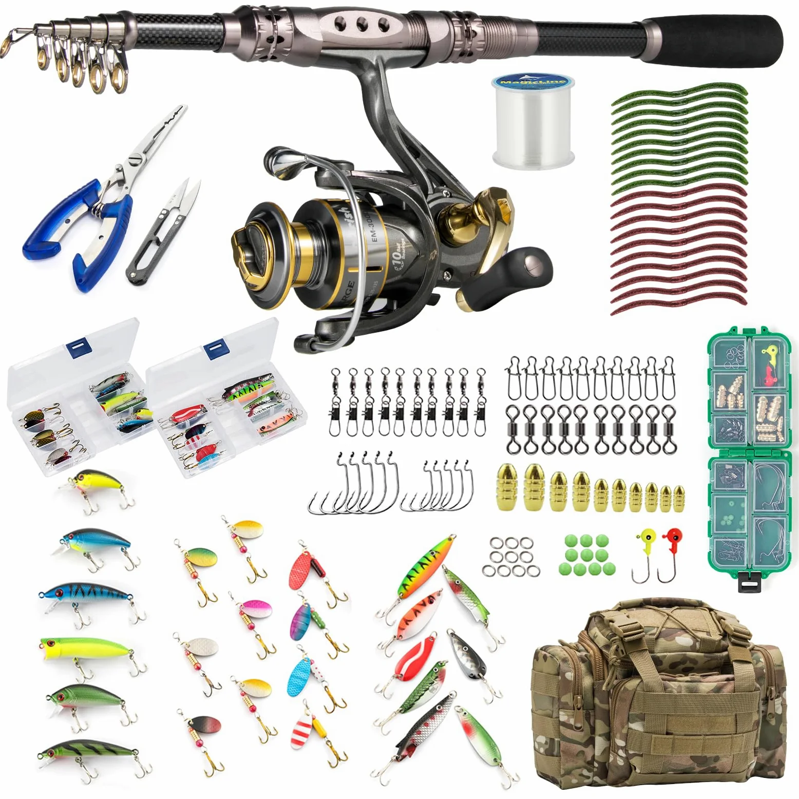 Dr.Fish, Combinazioni canna da pesca e mulinello, 125 pezzi, set da viaggio di attrezzatura canna da spinning telescopica e mulinello, con borsa, per adulti, pieghevole, per acqua dolce e salata
