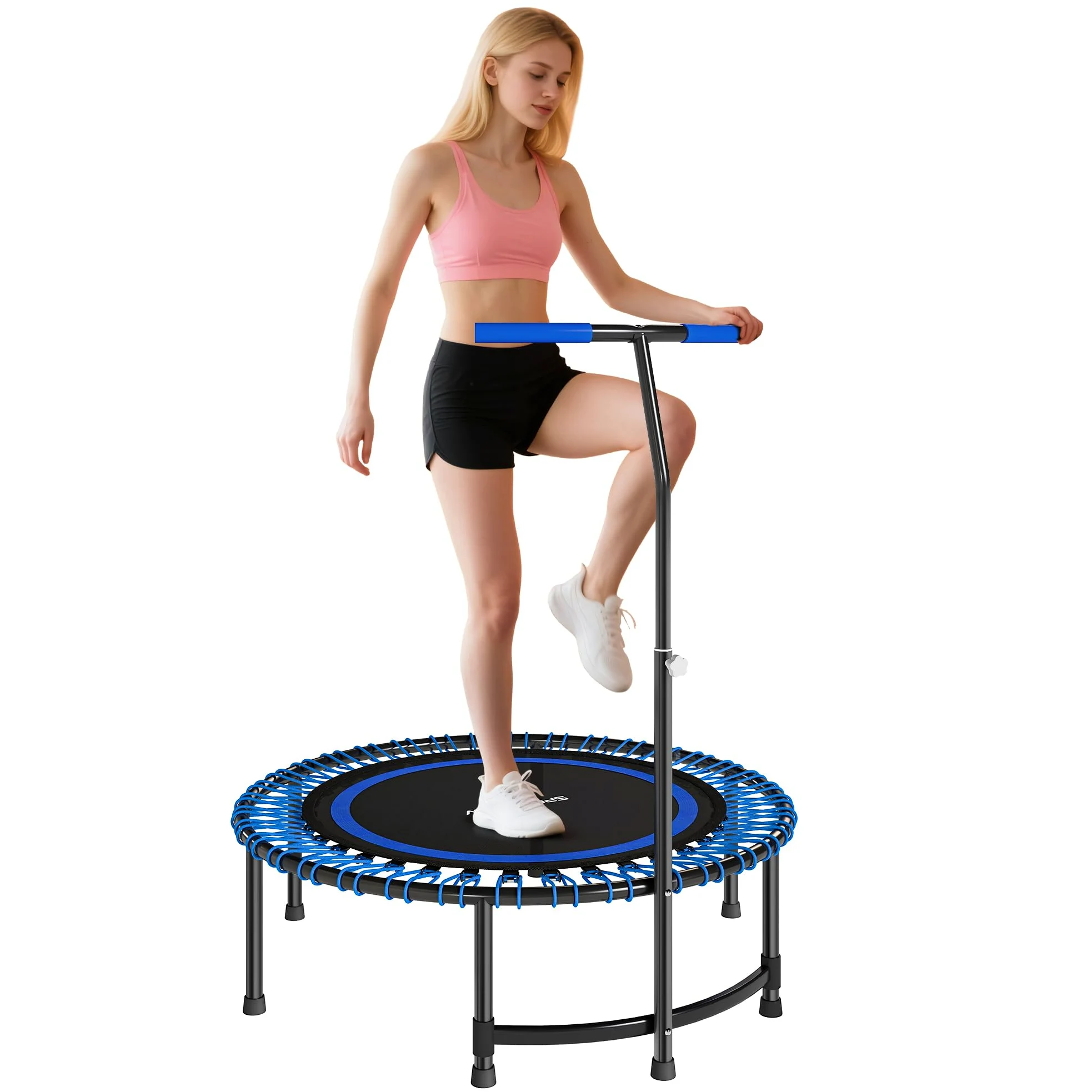 SPORTNOW Trampolino Fitness Ø114 cm con Maniglia Regolabile su 5 Posizioni, Trampolino Elastico Capacità 200 kg, 36 Molle Bungee, Tappeto Elastico Per Adulti per Allenamento a Casa, Blu