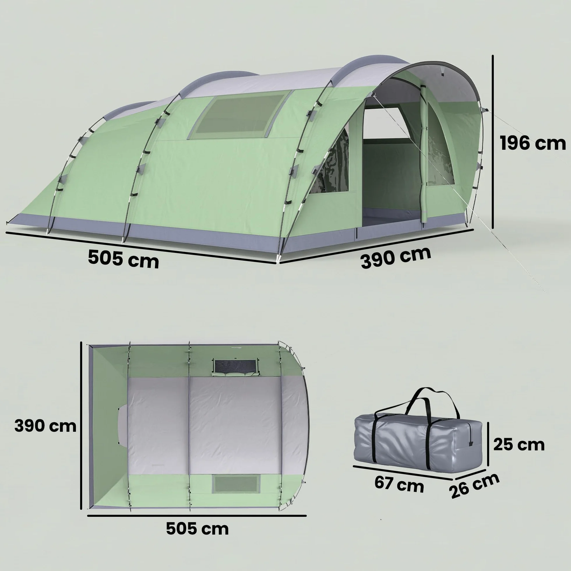 Outsunny Tenda Campeggio a Tunnel 5 Persone 196cm 2 Stanze Impermeabile 3000mm Verde Chiaro