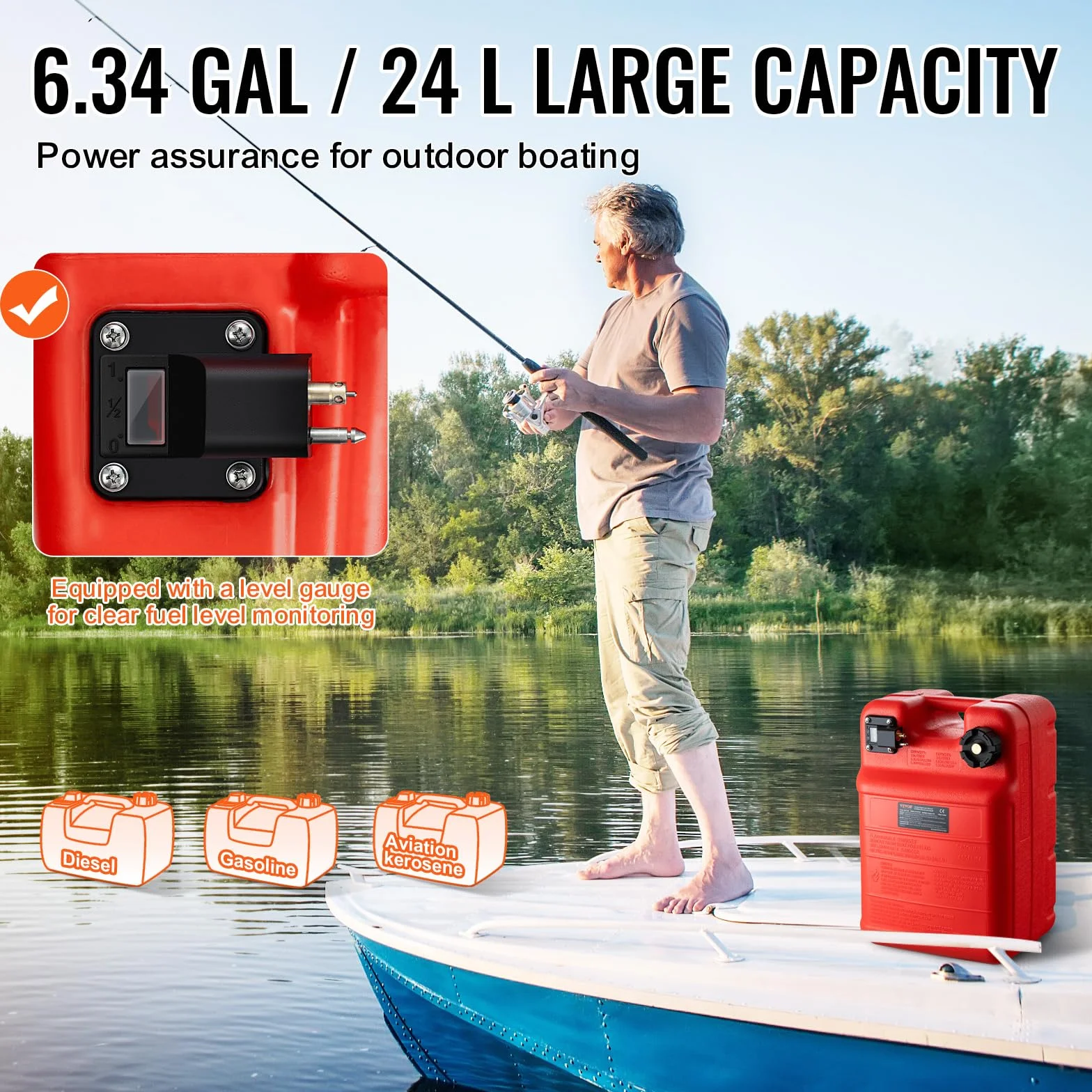 VEVOR Serbatoio Carburante Marino 24 L Portatile per Barche Fuoribordo Plastica Rosso