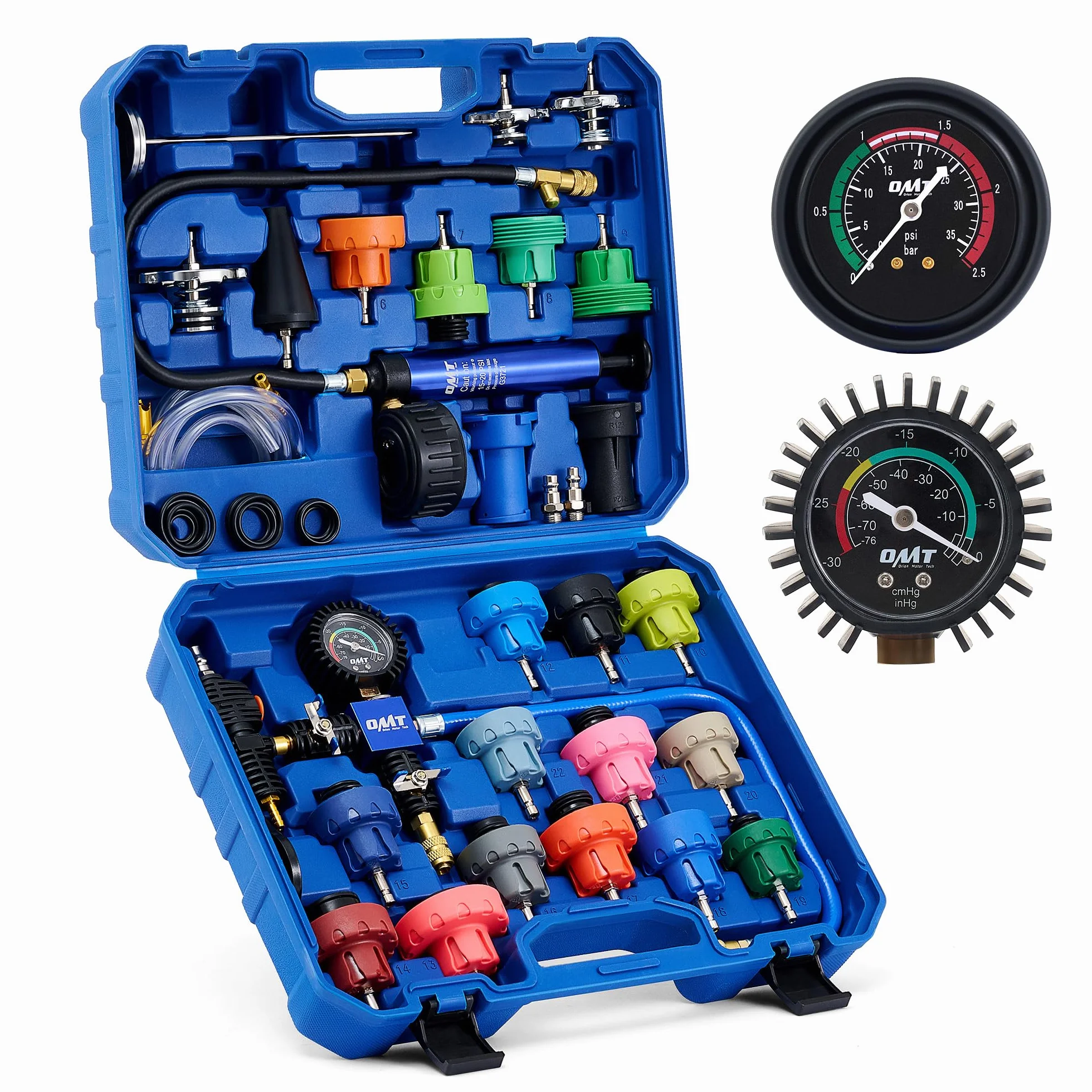 Orion Motor Tech 31 Pezzi Universale Radiatore Pressione Tester Kit con 23 Adattatori, Kit di Prova della Pressione del Sistema di Raffreddamento del Radiatore con Spurgo e Pompa del Vuoto