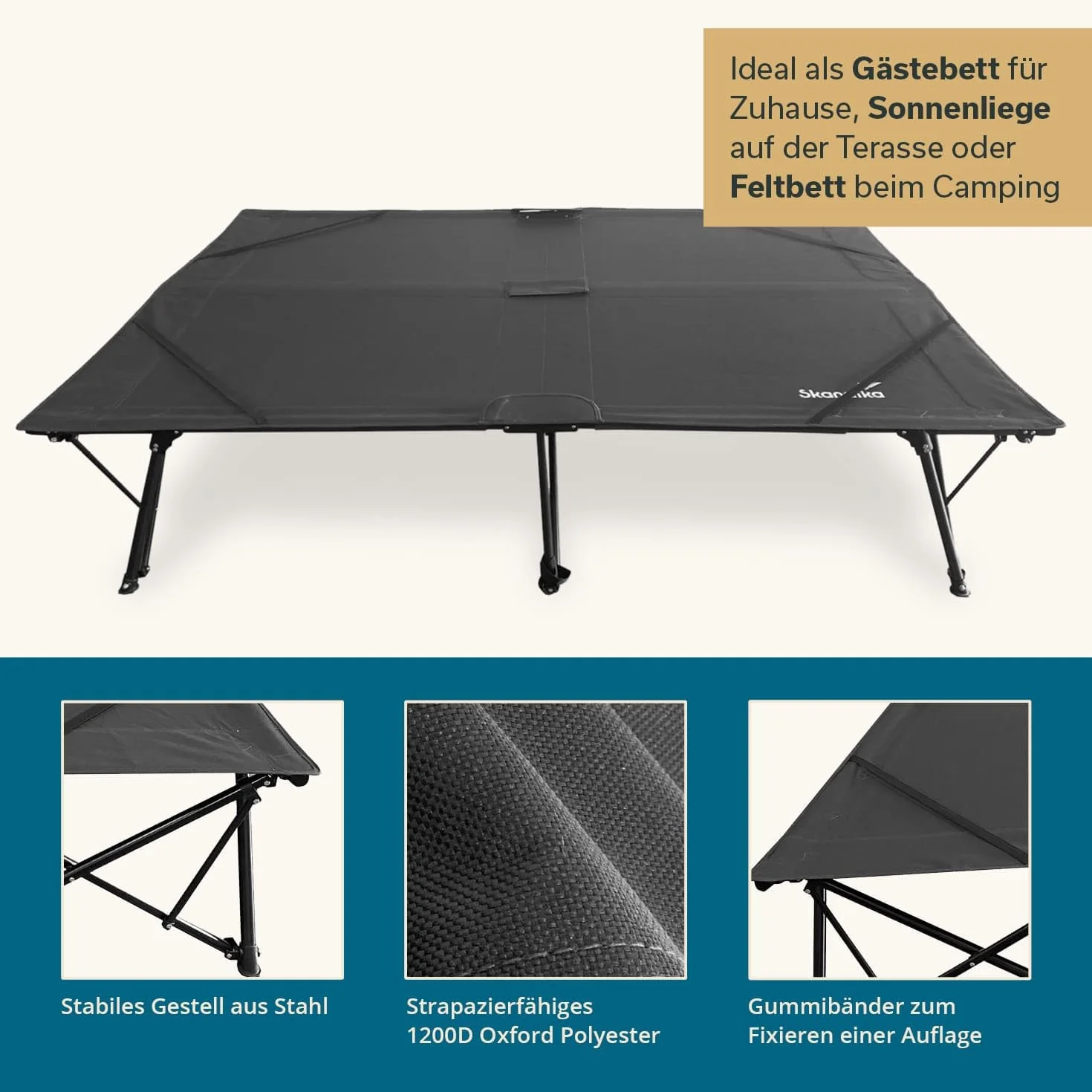 Skandika brandina da campeggio doppio per 2 persone Bodo | pieghevole, portata 250 kg, resistente alle intemperie, letto per ospiti | Lettino da campeggio per esterni, balcone, giardino