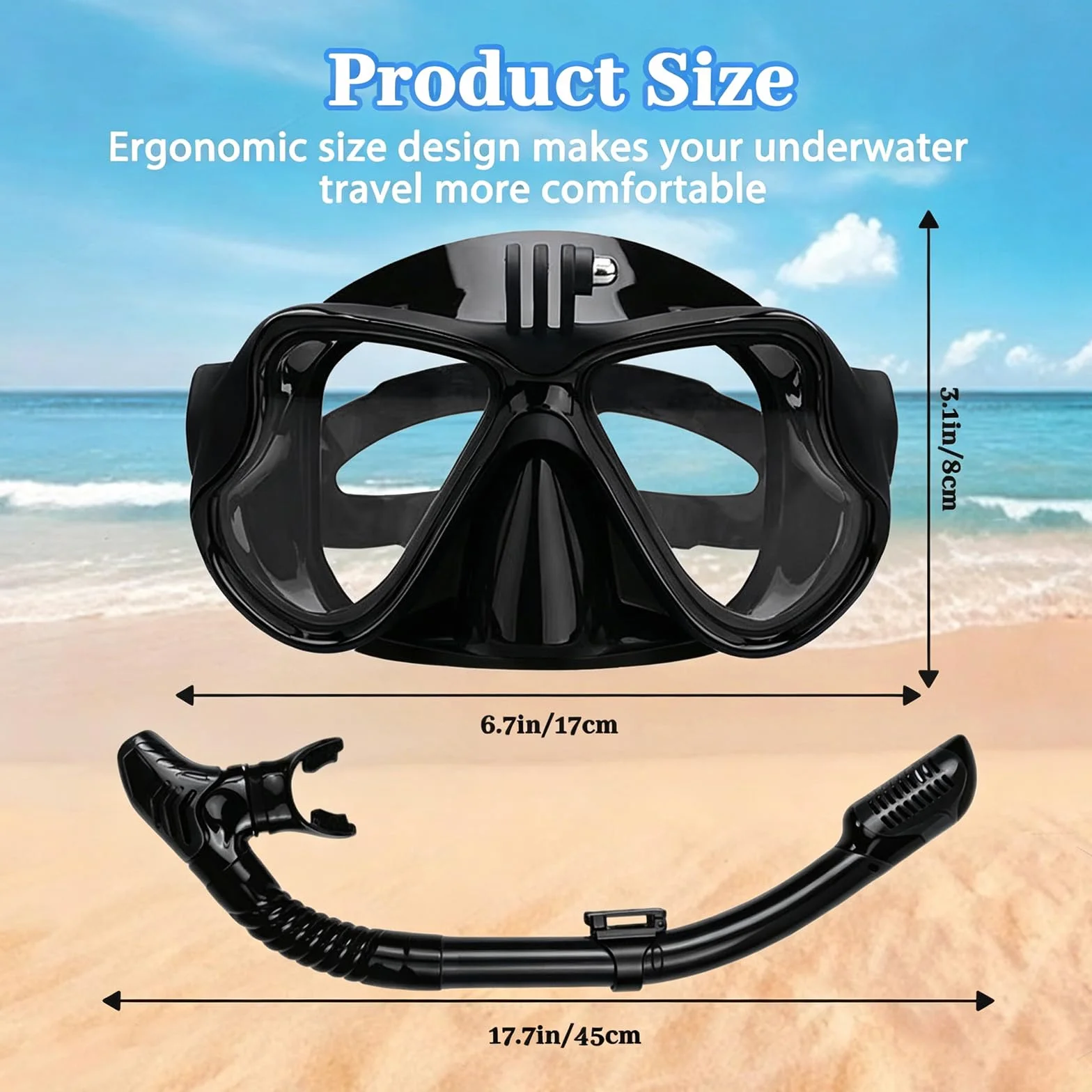 Maschera Snorkeling Subacquea Adulti con Supporto Fotocamera, Panoramica 180° Anti-Appannamento Vetro Temperato