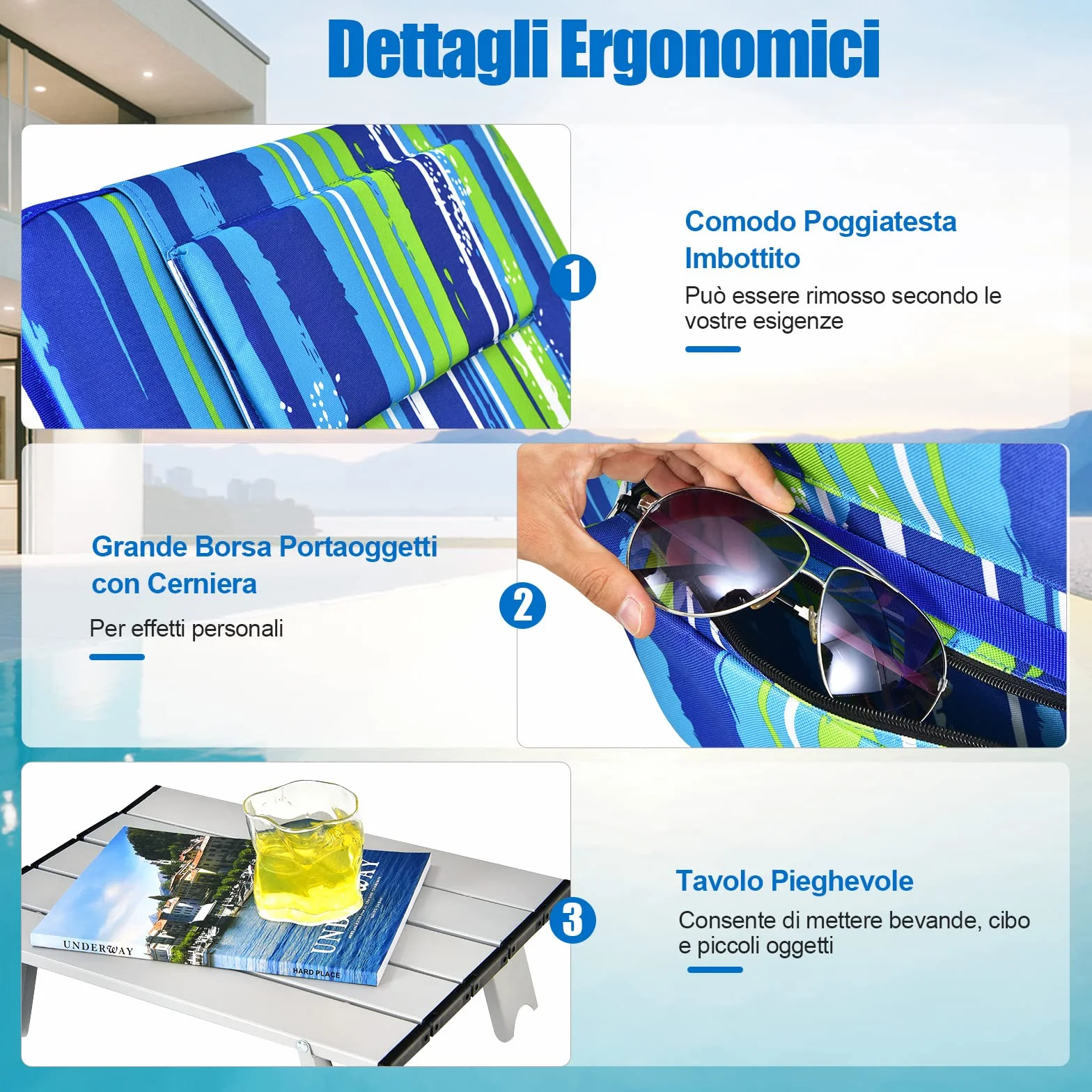 GYMAX Tappetino da Spiaggia Reclinabile Set 2 Sedie e Tavolino Pieghevole Multifunzione Blu e Verde