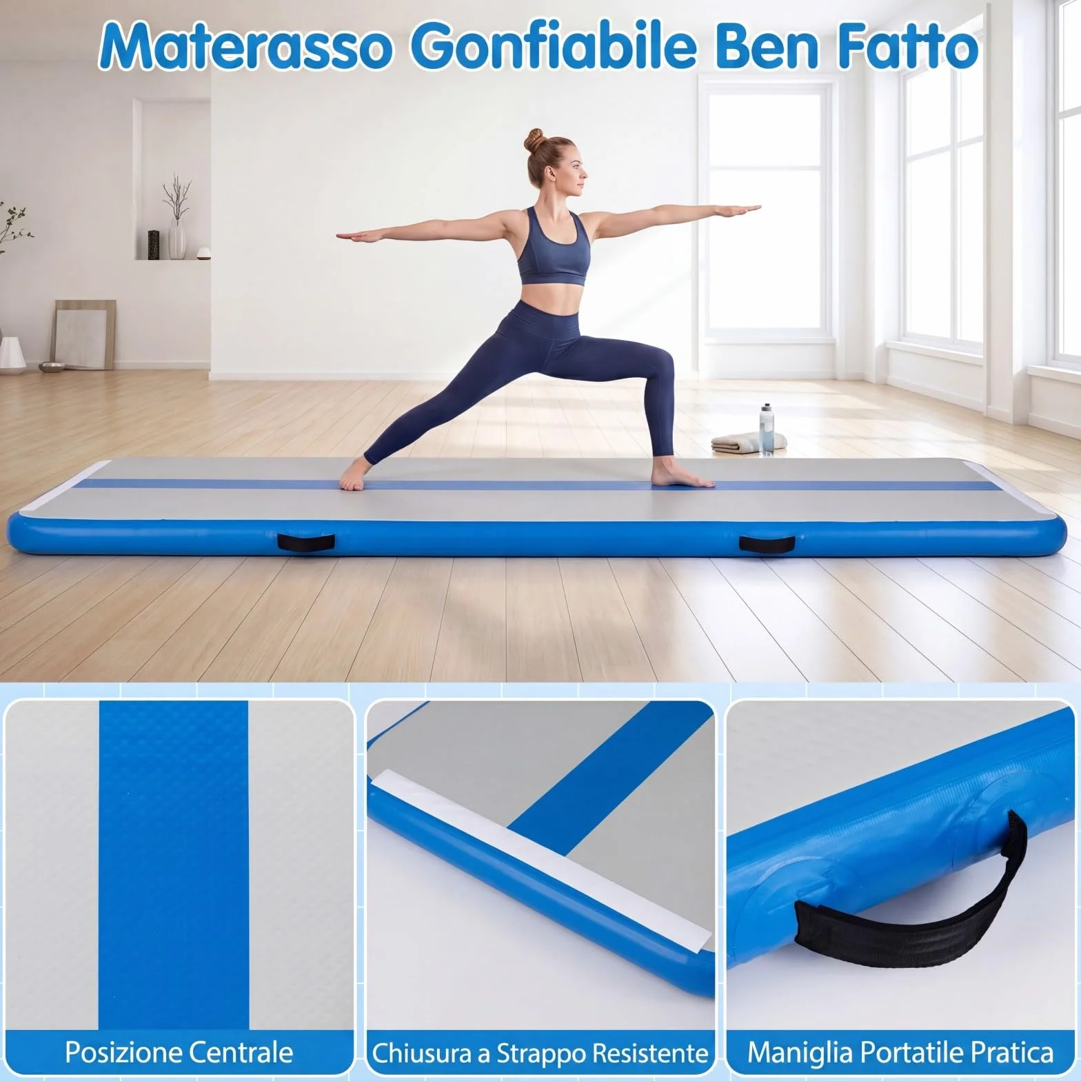 COSTWAY Tappeto Ginnastica Artistica da Casa, Materasso Ginnastica in PVC con Pompa ad Aria e Borsa, Tappetino Gonfiabile per Yoga, Fitness e Allenamento, 297 x 98 x 11 cm