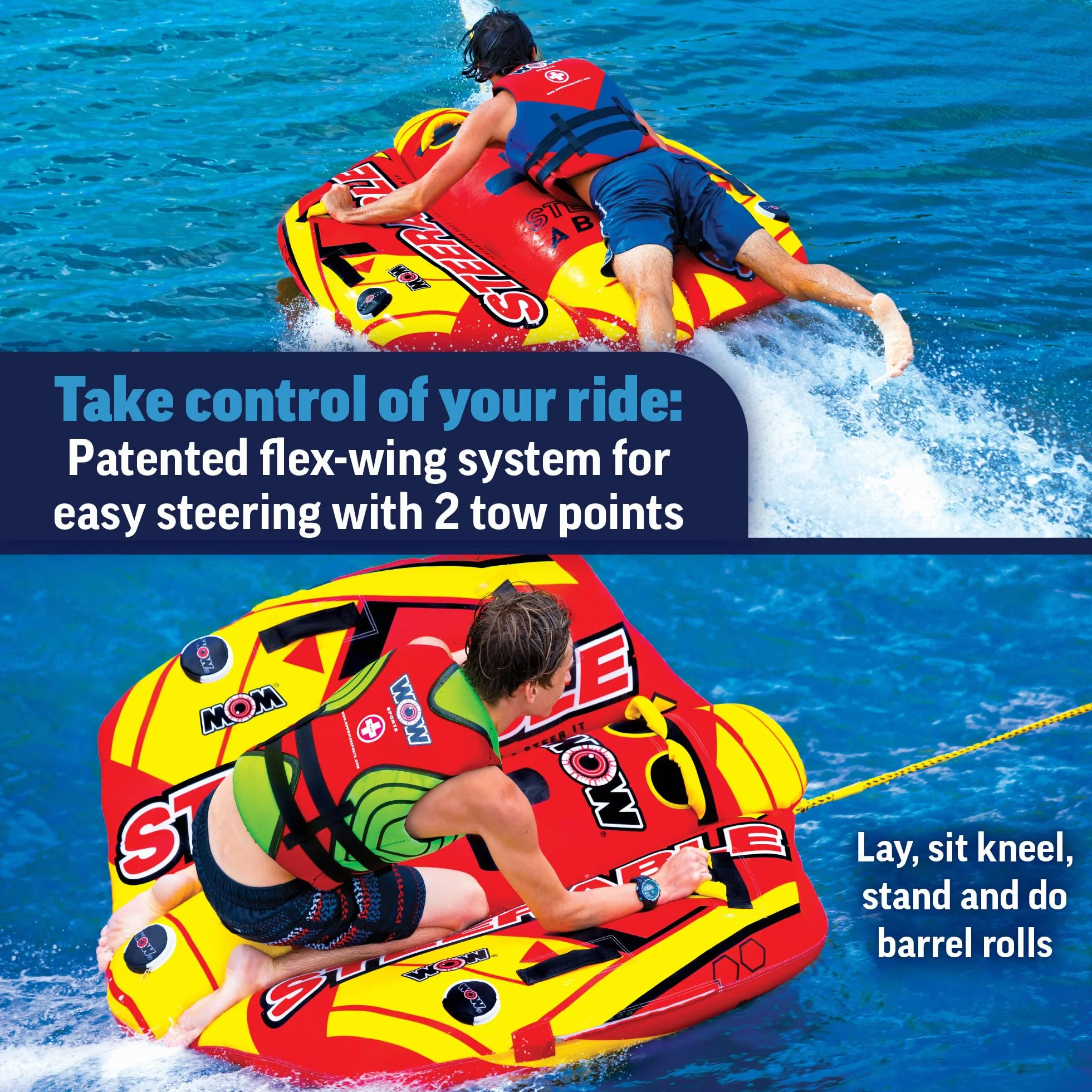 WOW Sports Take Control of The Ride 1-2 Person Inflatable Tube for Boating Steerable 19-1090 Orange Standard