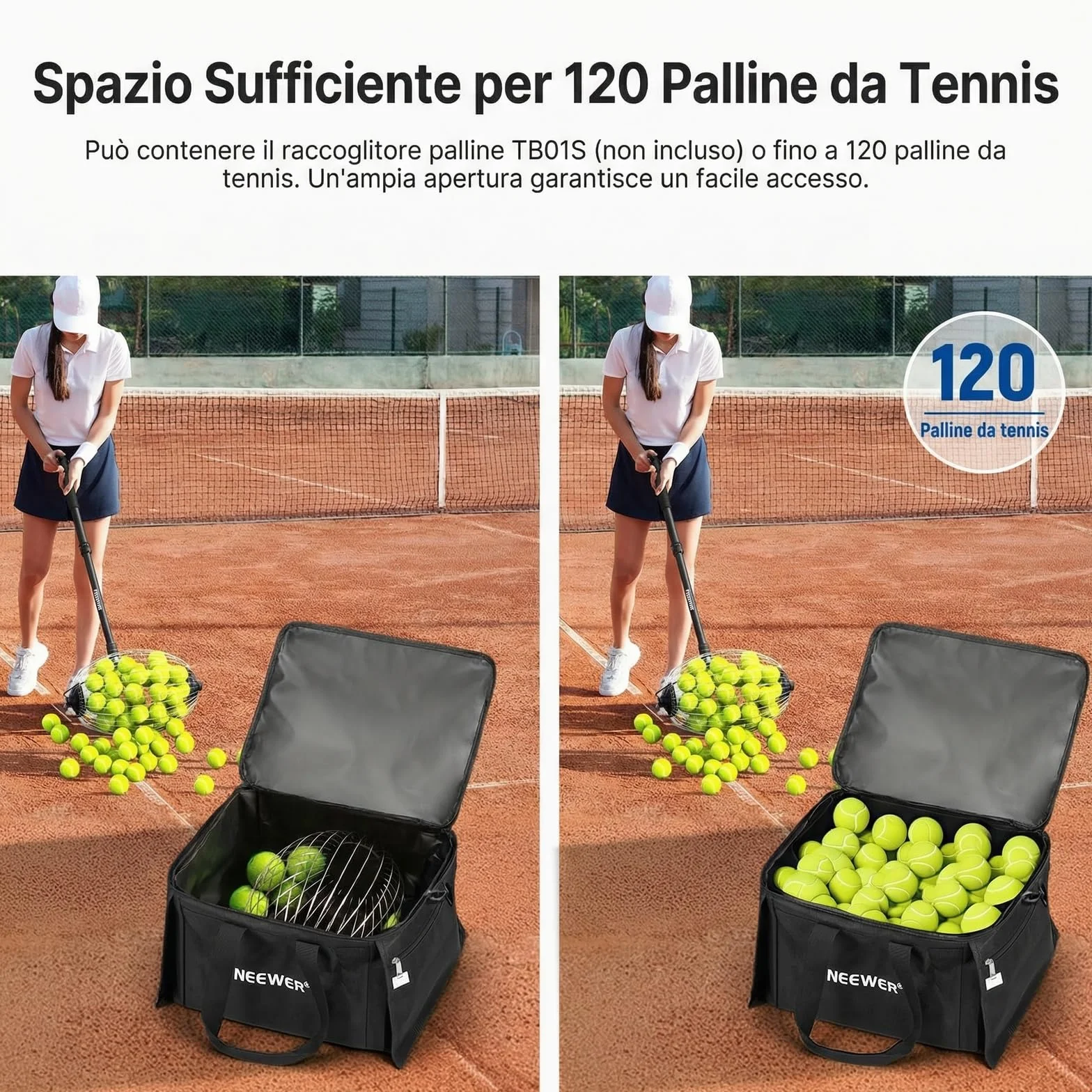 NEEWER TB03B Borsa Porta Palline Tennis Pieghevole in Poliestere con Tasche Laterali, Max 120 Palline