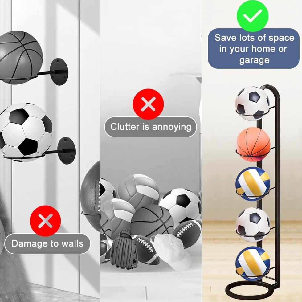 Rastrelliera da Basket Verticale 5 Livelli Porta Pallone Calcio in Metallo Scaffale Stoccaggio Sportivo - Nero