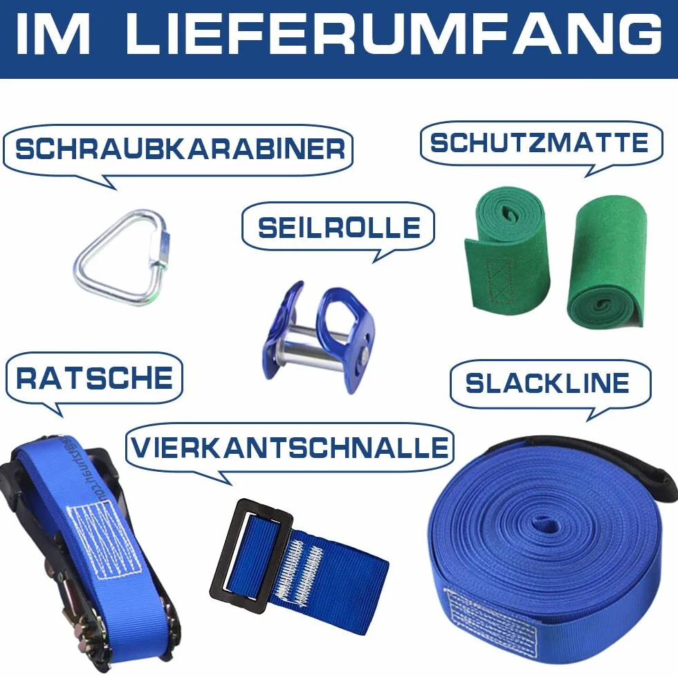 Slackline Set con Puleggia 15 m Linea Slackline Pully Accessori per Ninja Parcours