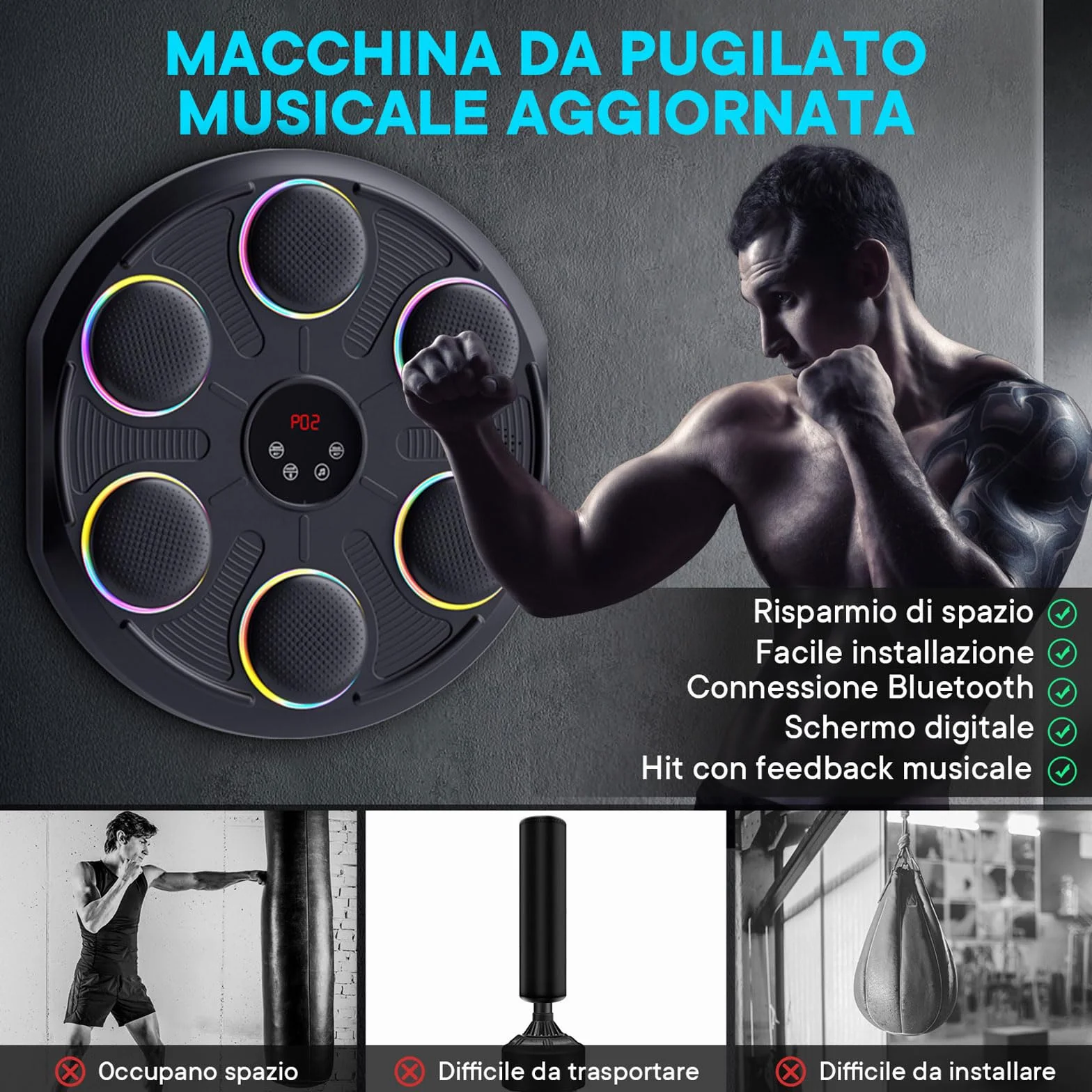 Music Boxing Machine - Tirapugni Musicale da Parete con 12 velocità e modalità Luce, Bluetooth, Macchina da Boxe per Allenamento Casa, Include Guanti MMA, per Allenamento Casa Adulti