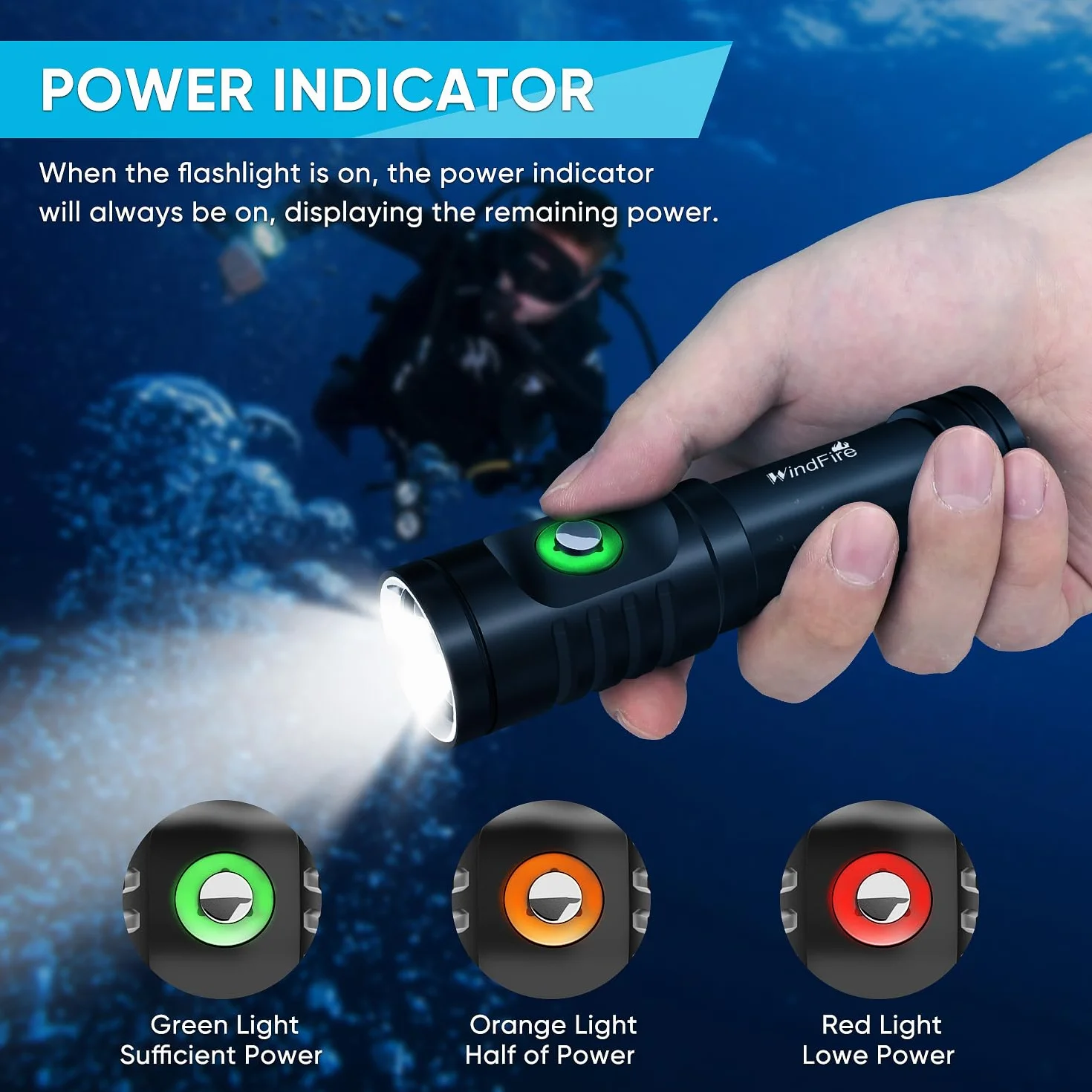 WINDFIRE Torcia Subacquea 6000 Lumen Impermeabile IPX8 con 3 Modalità