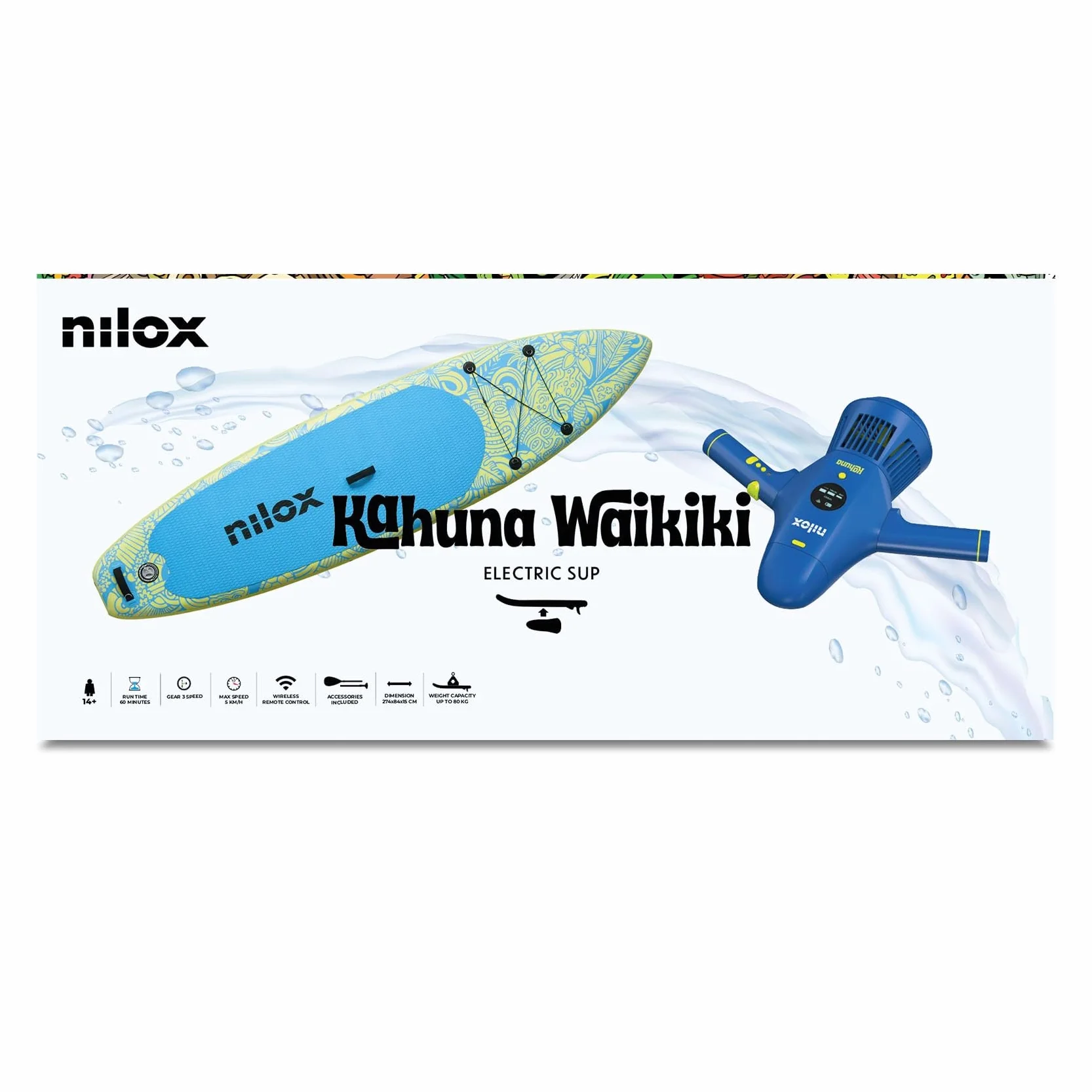 Nilox Set Tavola da Sup Gonfiabile con Scooter Acquatico Elettrico, Completo di Accessori con Zaino, Pagaia, Pompa, Leash, 1 Pinna, Velocità Fino a 5km/h, Tavola da 335x84x15cm