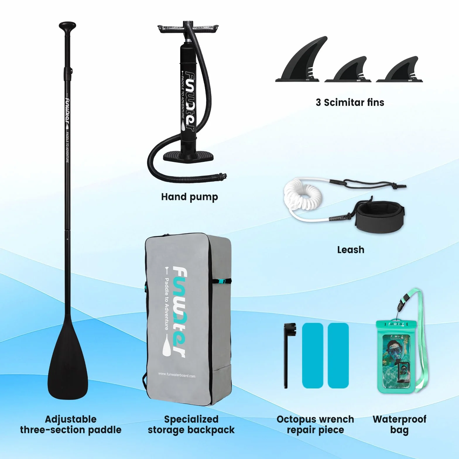 FunWater Tavola SUP Gonfiabile Ultra Leggera Accessori Completi Pagaia Regolabile Pompa Zaino Leash Pinne