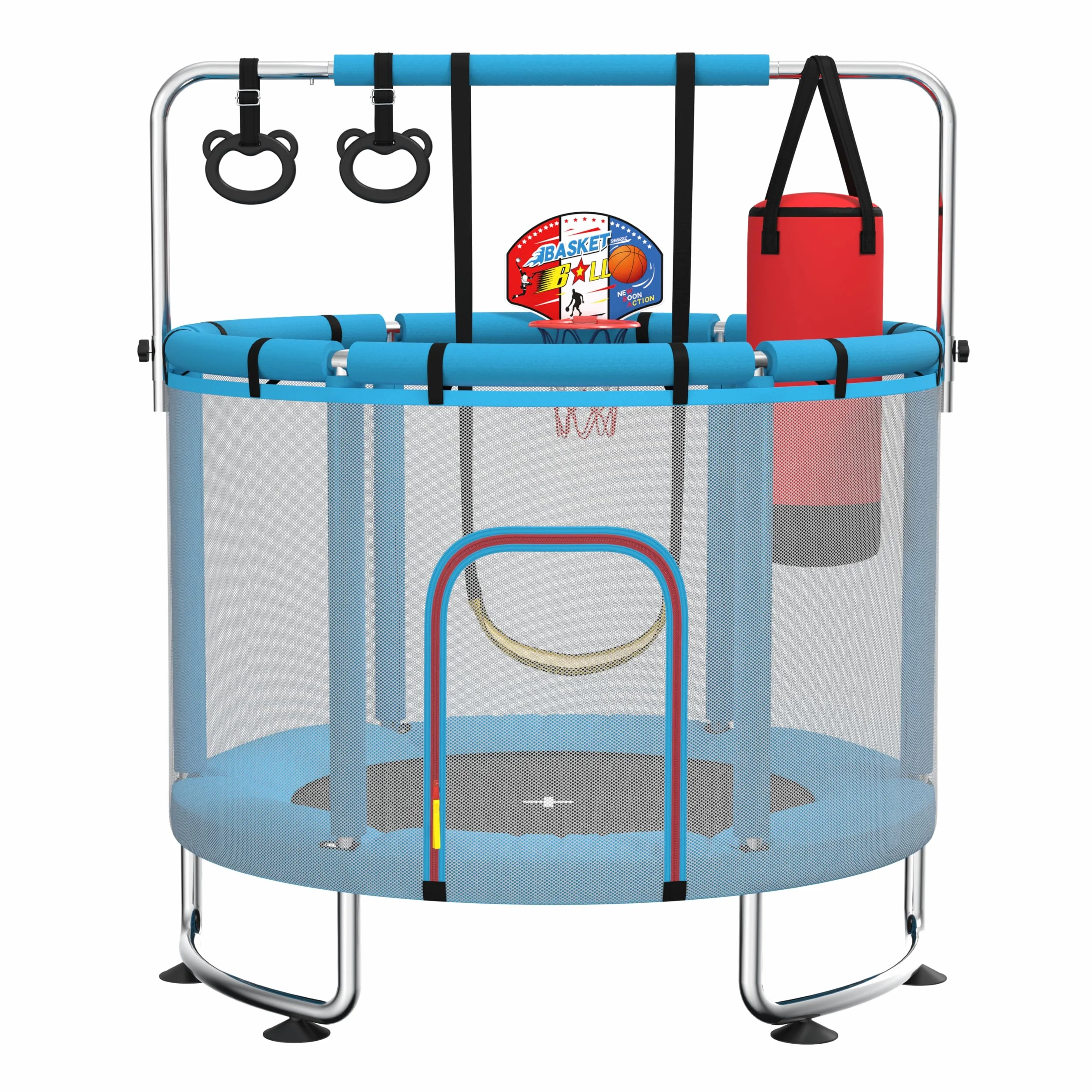 Trampolino per bambini da 140 cm per interni/esterni, capacità di carico 50 kg, con rete di sicurezza, barra da ginnastica regolabile e canestro da basket, regalo per bambini e bambine