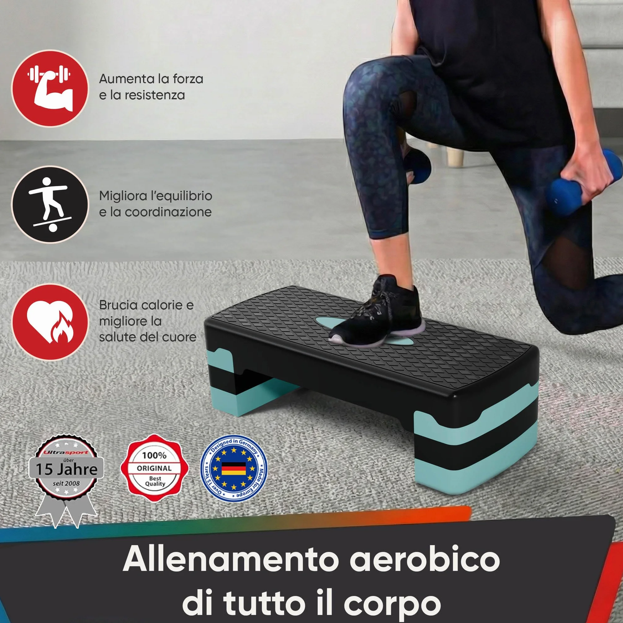 Ultrasport Step Fitness Aerobica Stepper Casa Antiscivolo Regolabile 3 Altezze Stepboard 68x28 cm Blu