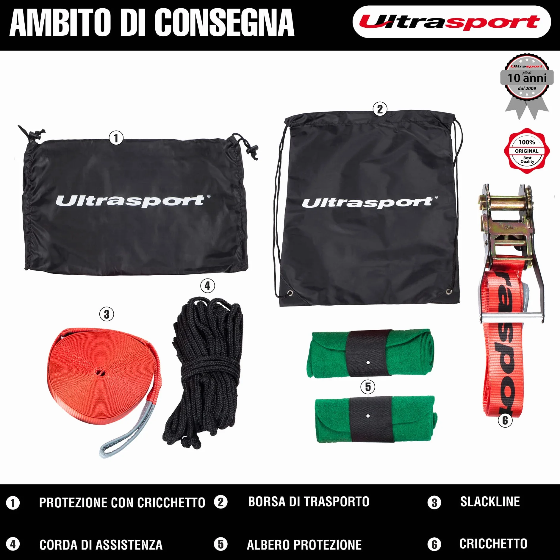 Ultrasport Slackline 15m-25m Set Completo con Cricchetto e Borsa Trasporto, Certificato TÜV GS