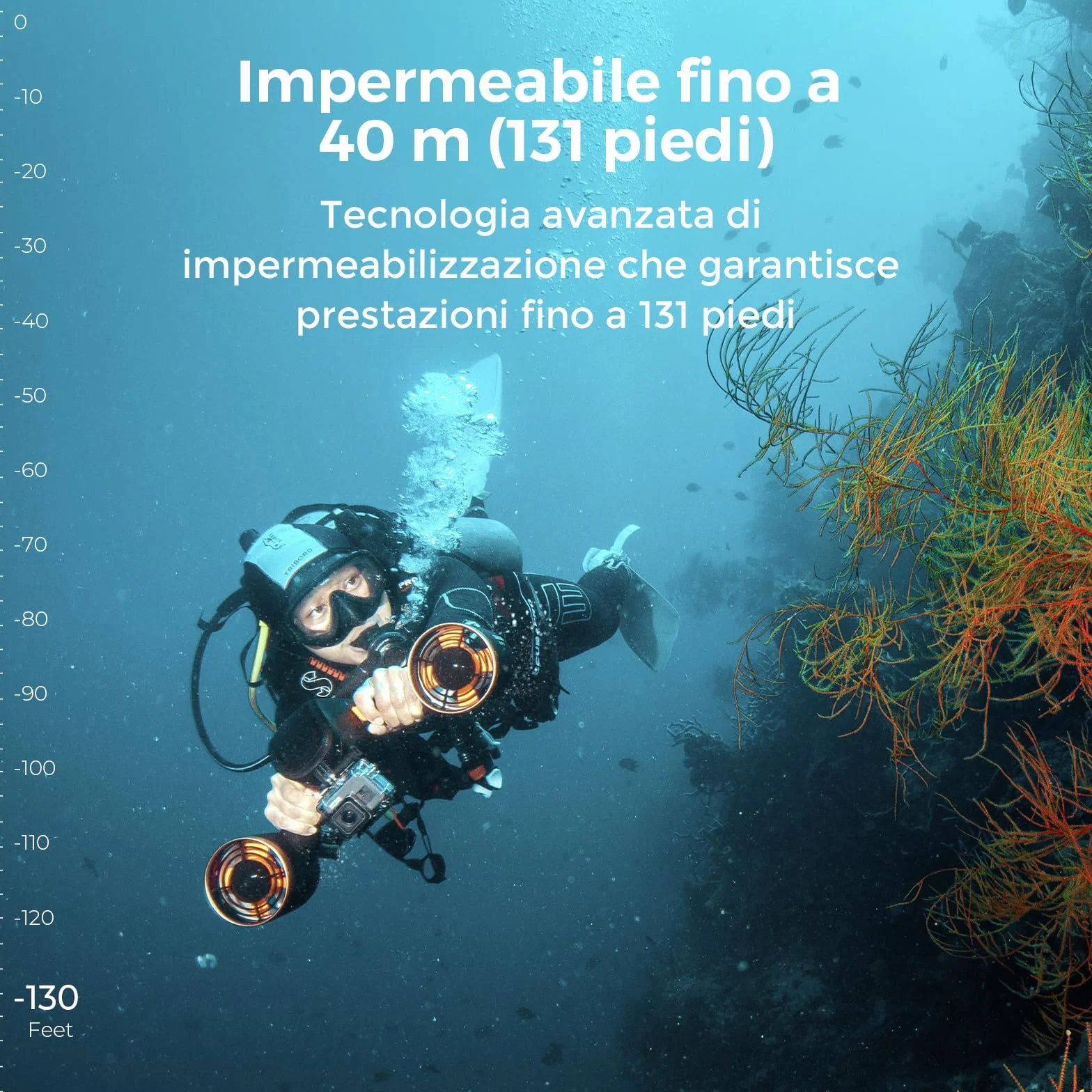 Monopattino subacqueo a doppio motore Mix PRO, 3 velocità, 60 min, profondità 40 m, con supporto fotocamera e allarme batteria